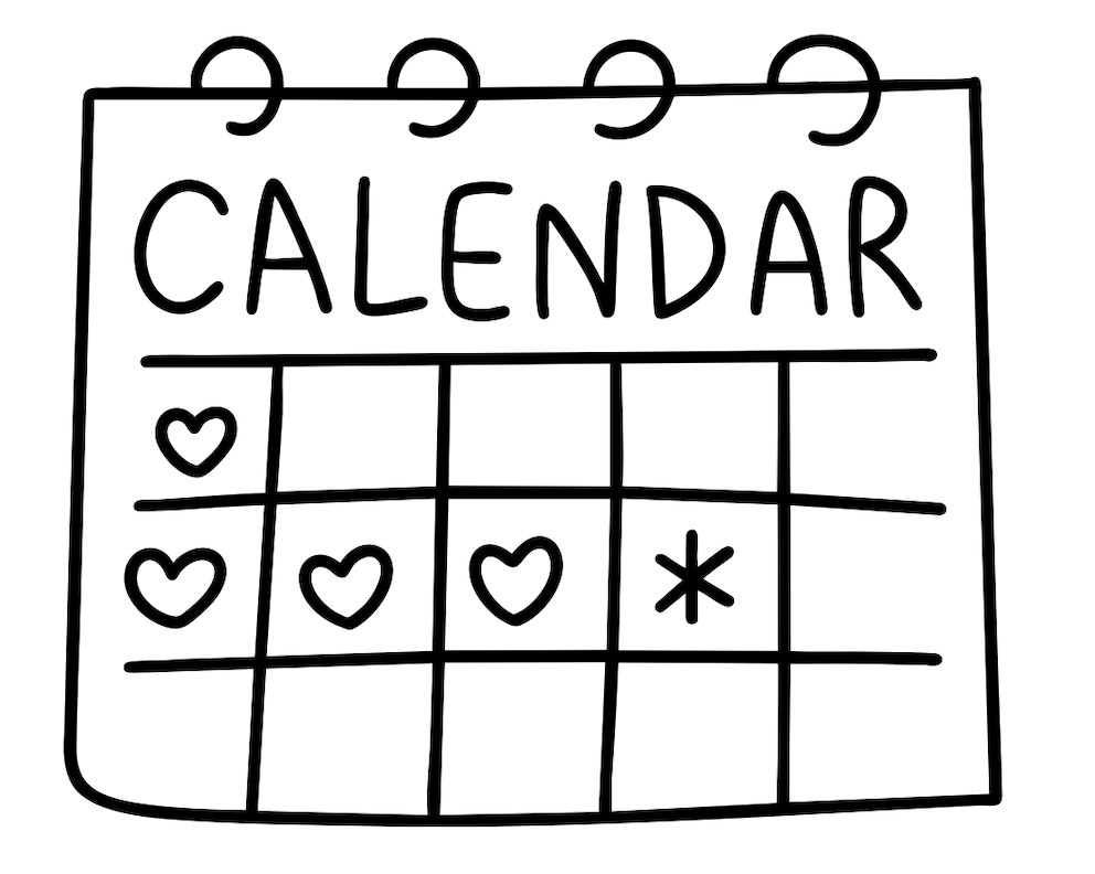 A calendar marked with hand-drawn hearts, symbolizing special dates or meaningful moments. The image conveys themes of love, anticipation, a