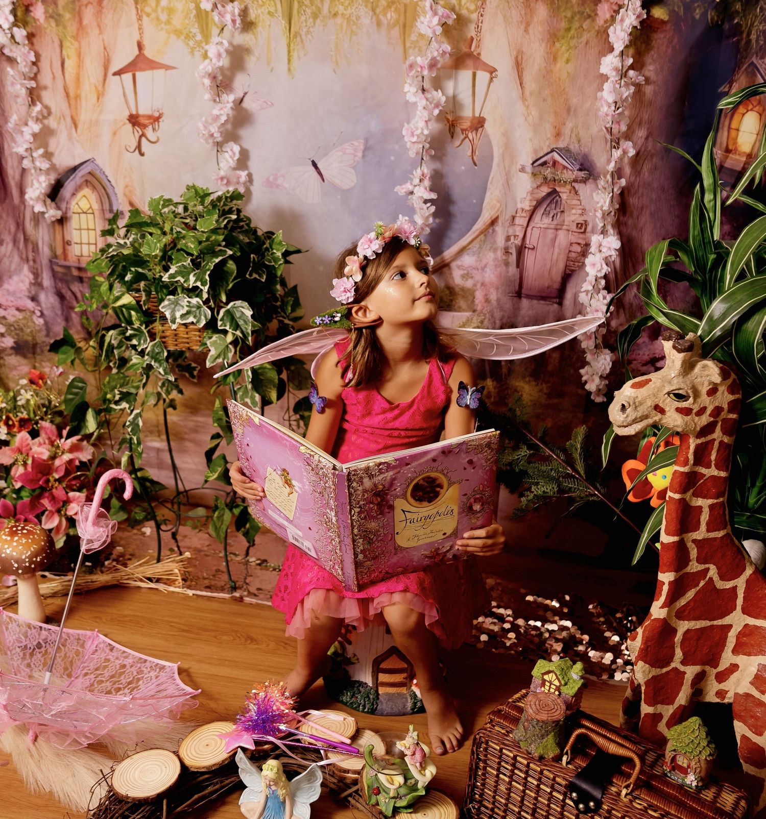 Young girl dressed as a fairy reading a book in an enchanted garden fantasy photo studio setting.