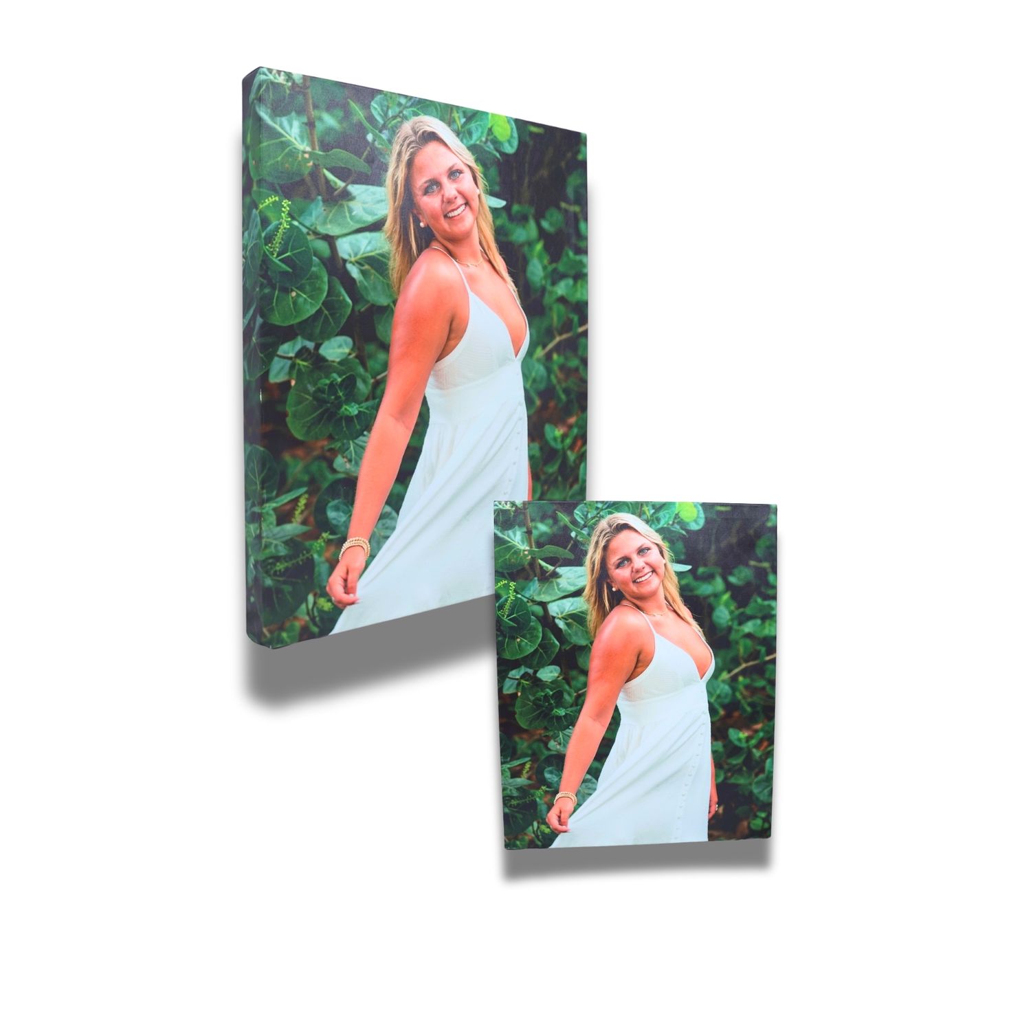 Canvas prints displayed at different angles showing a light blue dress against a green leafy background.