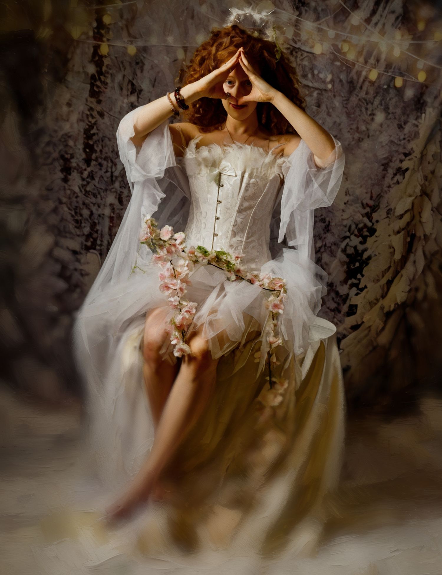 Ethereal figure in white corset dress with flowing sleeves poses dramatically against dark background with delicate flowers.