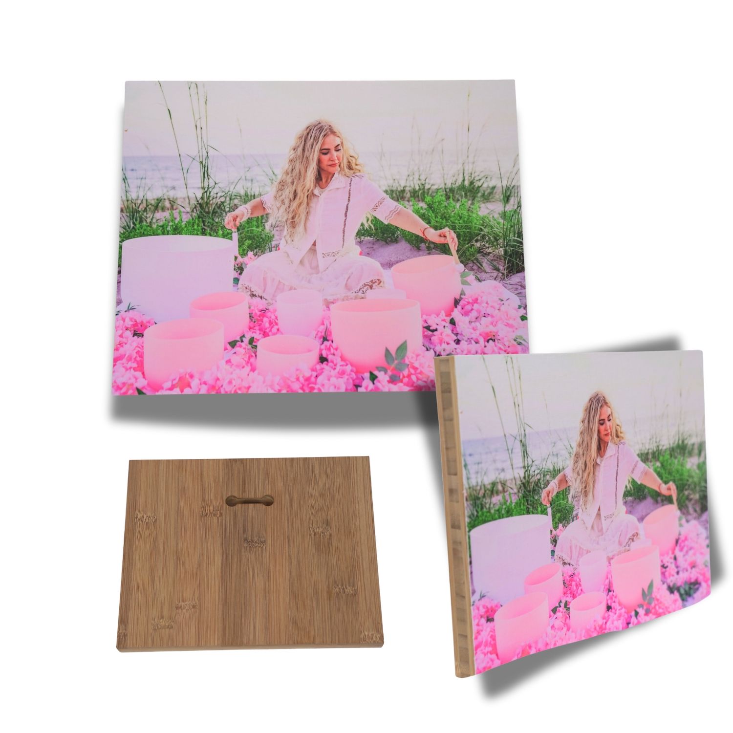 A collection of torn photo fragments showing someone in a pink dress against various outdoor backgrounds.