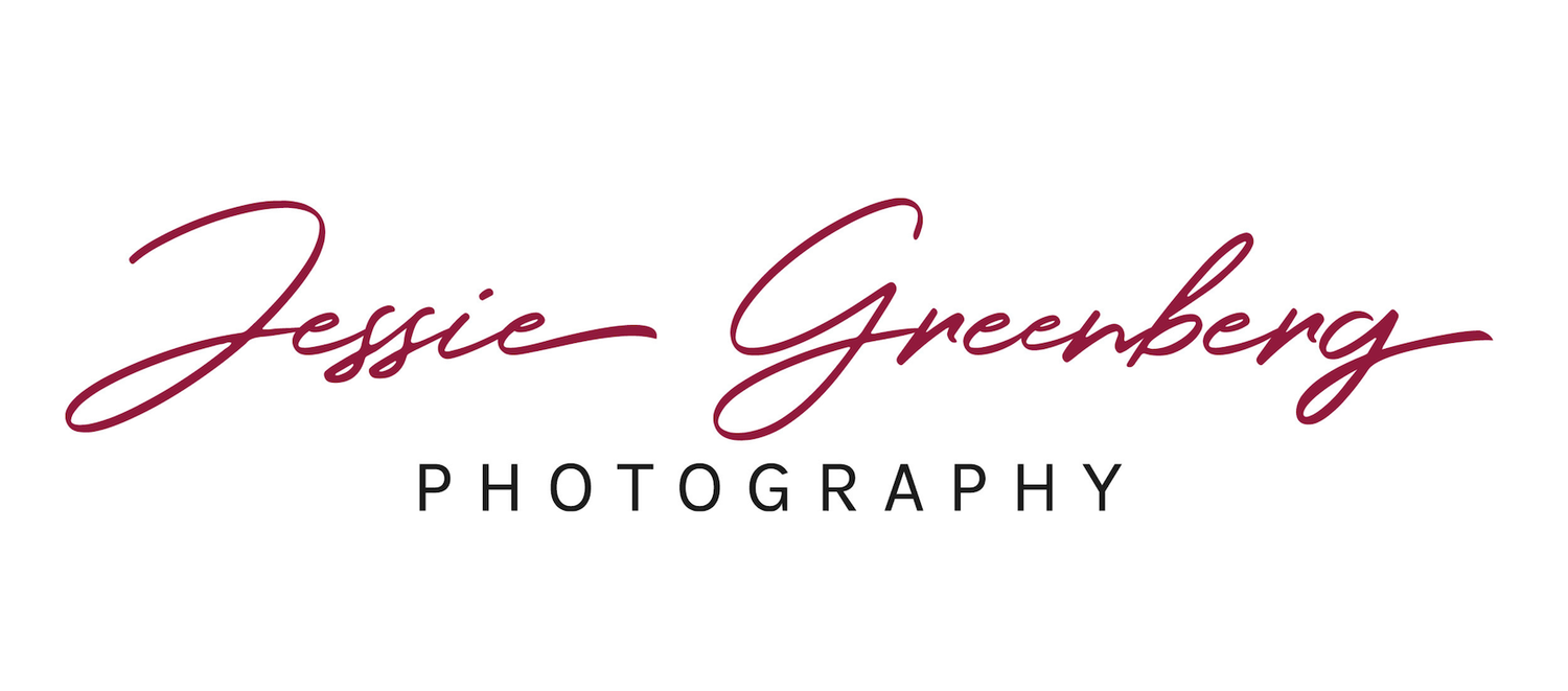 Jessie Greenberg Photography logo featuring elegant crimson script lettering on a clean white background.
