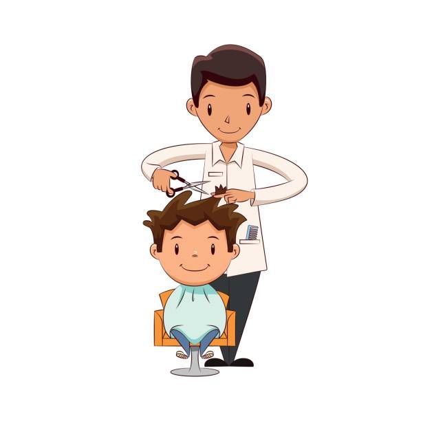 Cartoon illustration of a customer getting a haircut at a barbershop with simple line art style.