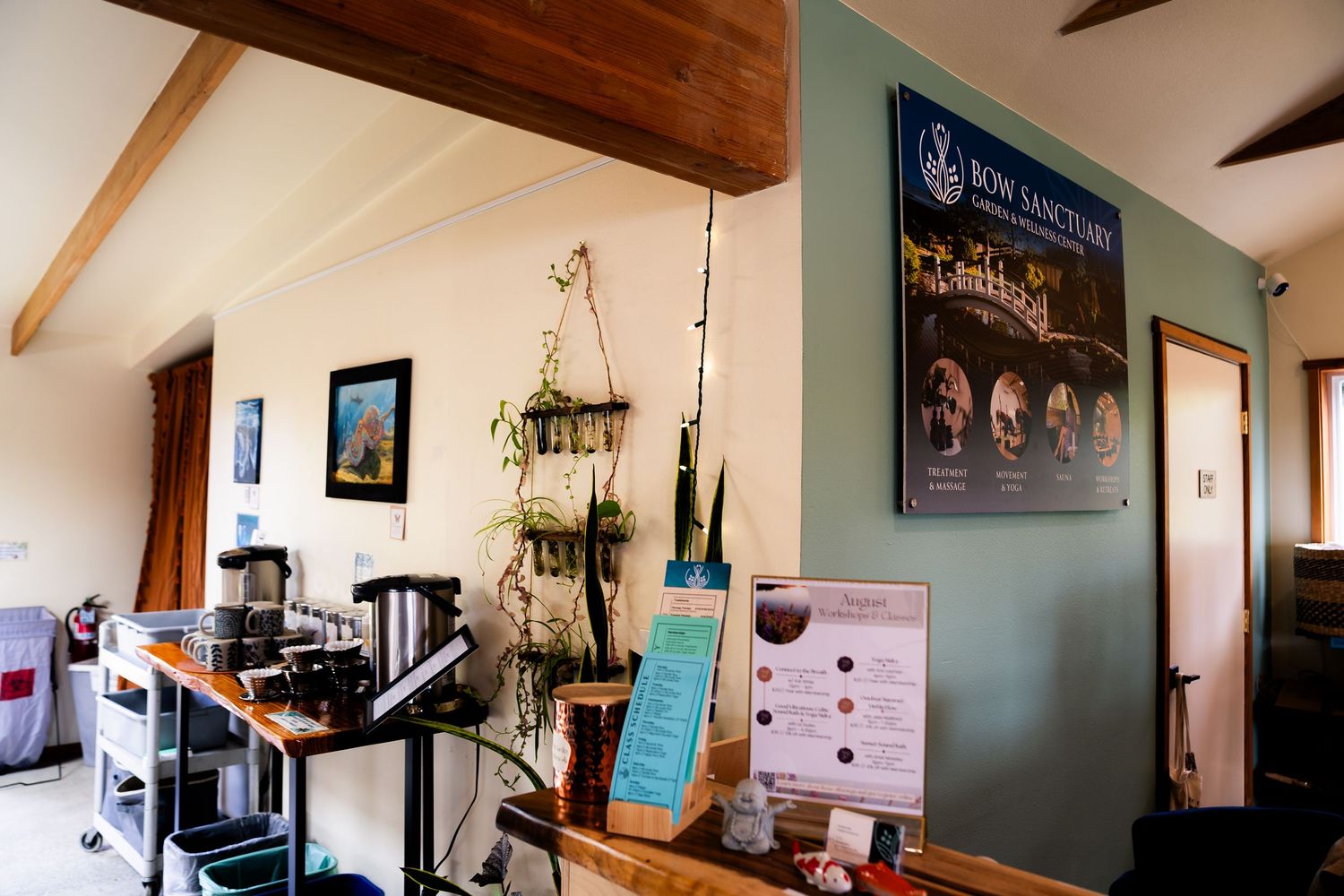 Cozy cafe interior with hanging plants, wooden counter, coffee equipment, and a blue sanctuary poster on the wall.
