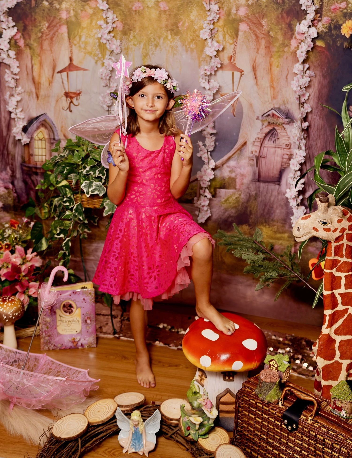 Young girl in pink fairy dress with wings and wand poses on mushroom in enchanted forest photo backdrop.