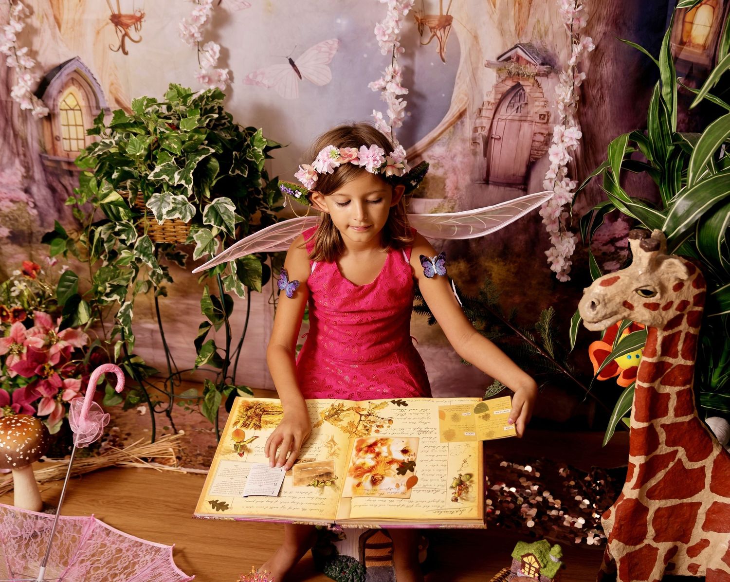 Girl in fairy costume with wings and flower crown reads a large book in an enchanted forest themed photo set.