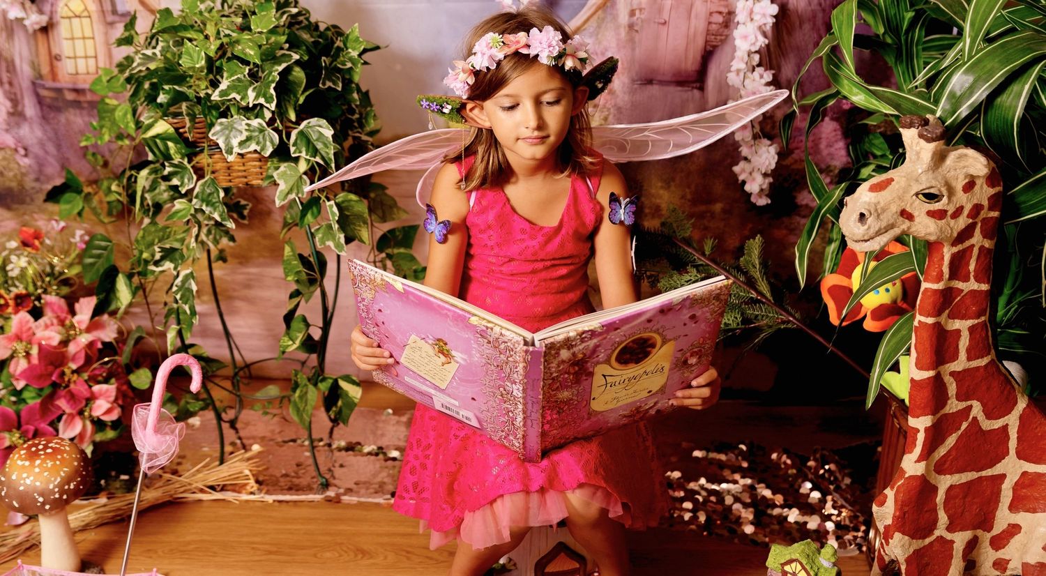 A young girl in a pink fairy costume reads a large storybook surrounded by enchanted garden decorations and a toy giraffe.