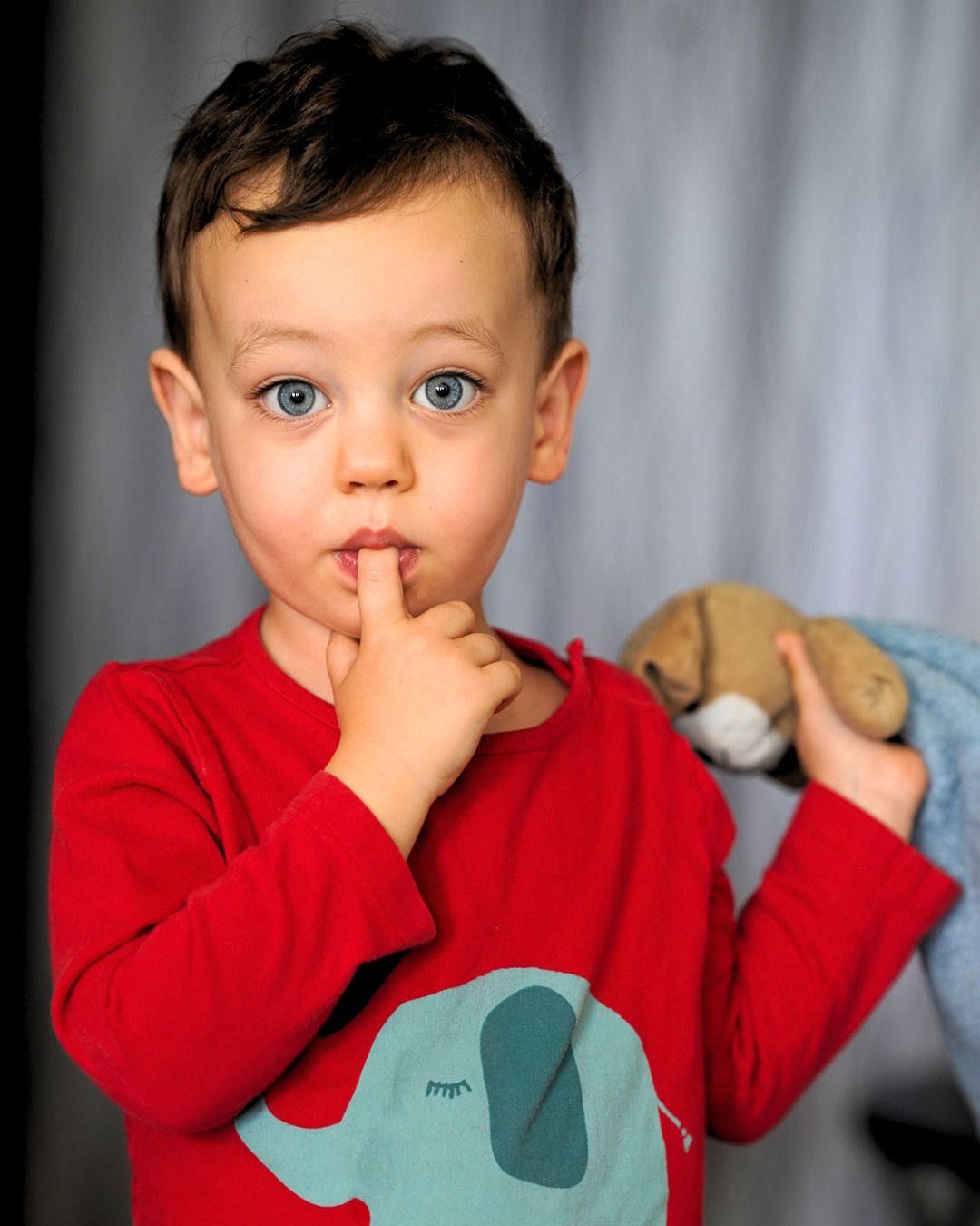 Adorable toddler boy with blue eyes in a red elephant shirt holding a stuffed animal with finger on lips.