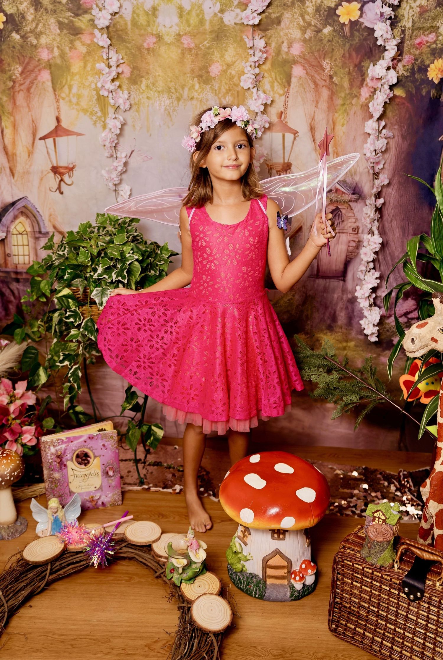 Girl in pink lace fairy dress with wings and flower crown posing near mushroom in magical fairy tale backdrop.