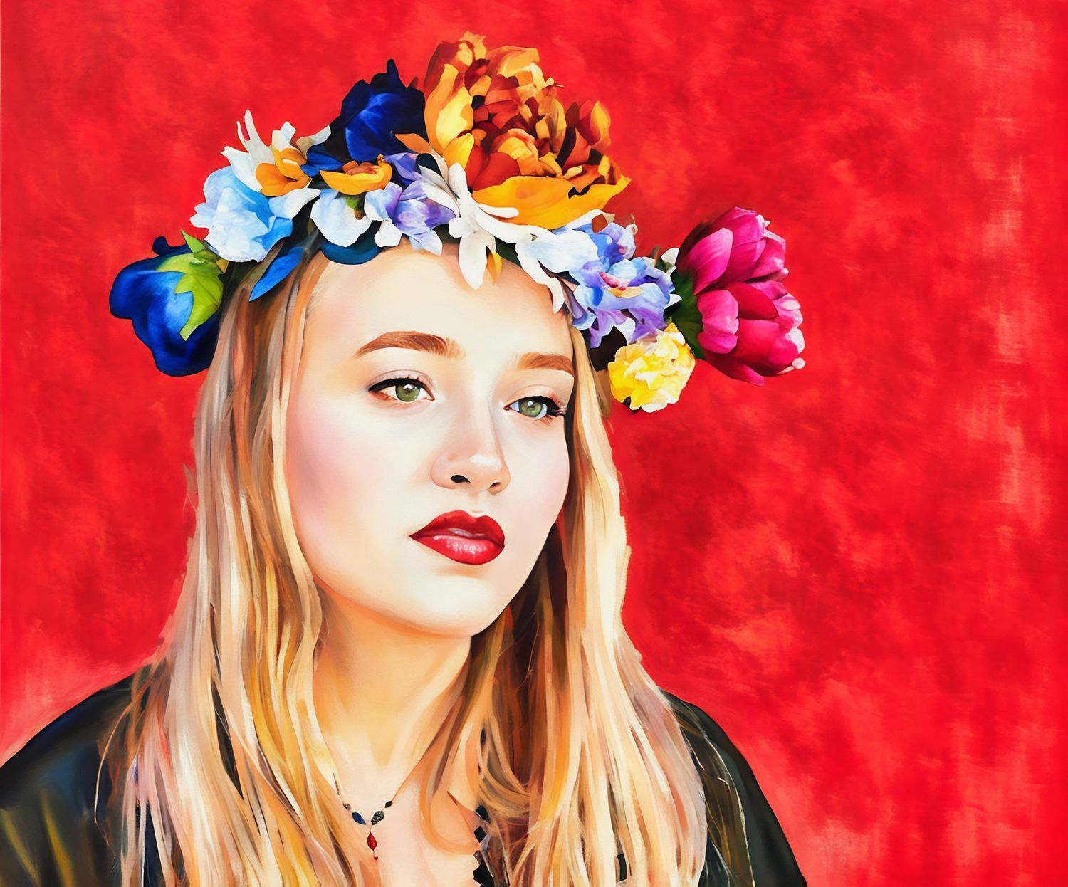 a woman with blonde hair wearing a flower crown, bright red lipstick and looking off into the distance.