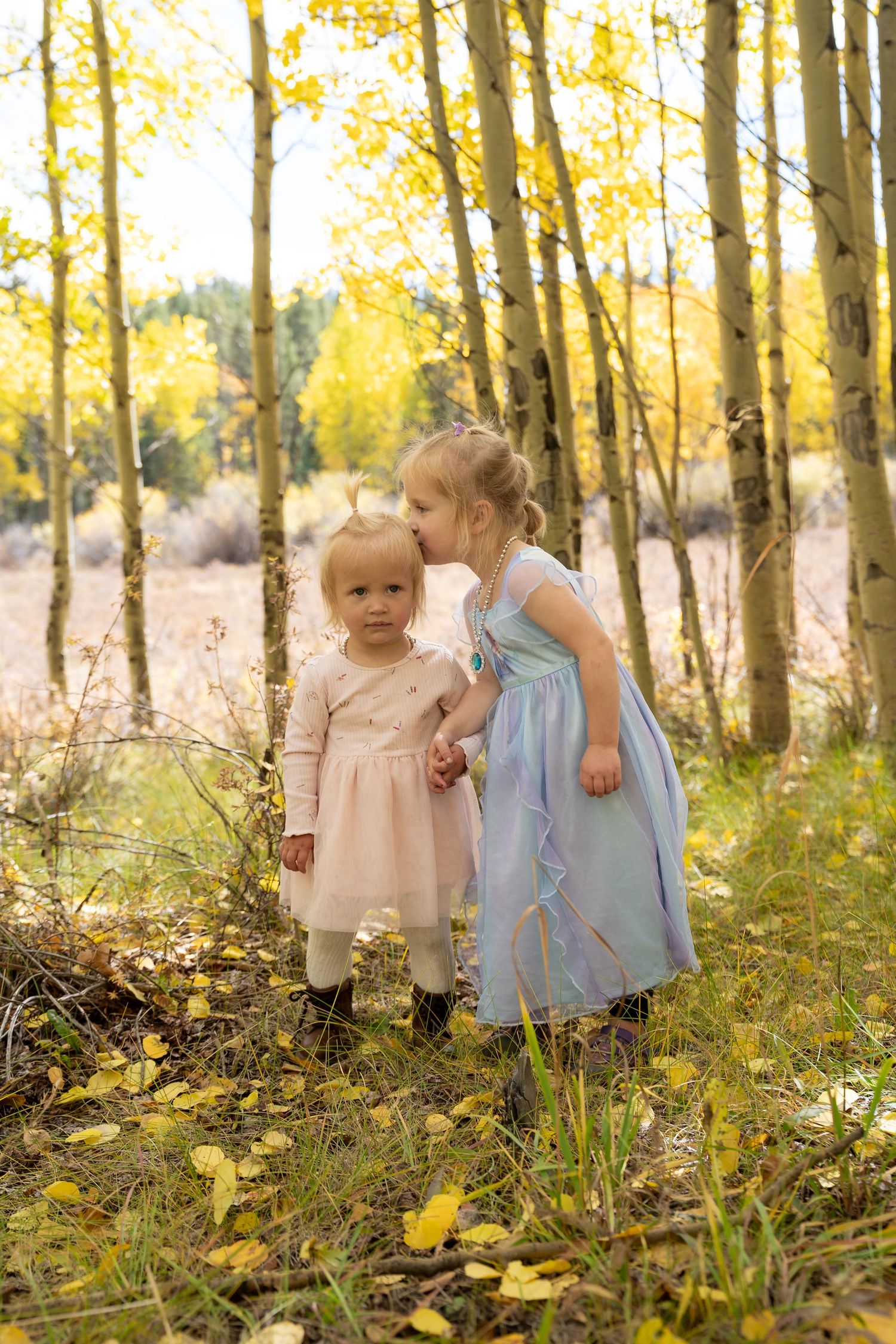 Two small children in pastel dresses explore a sunlit autumn forest with golden leaves and natural ground cover.