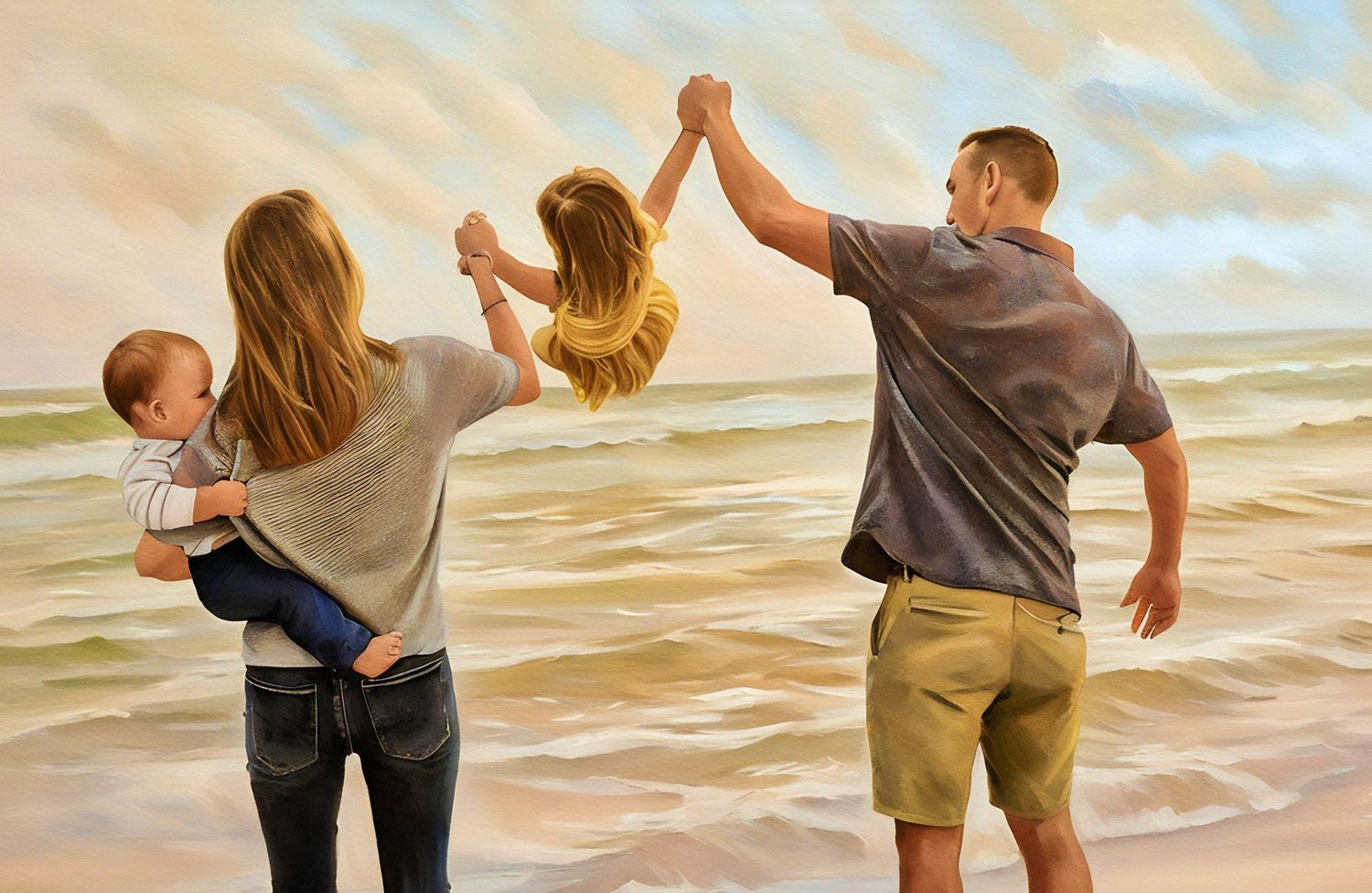A sequence of six photos shows a couple dancing together on a beach at sunset with waves in the background.
