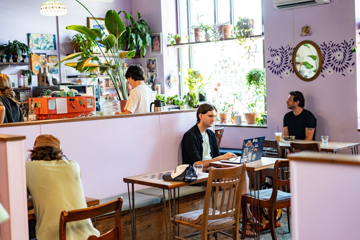 Cozy pink-walled cafe with lush plants, patrons working on laptops, and a barista behind the counter.