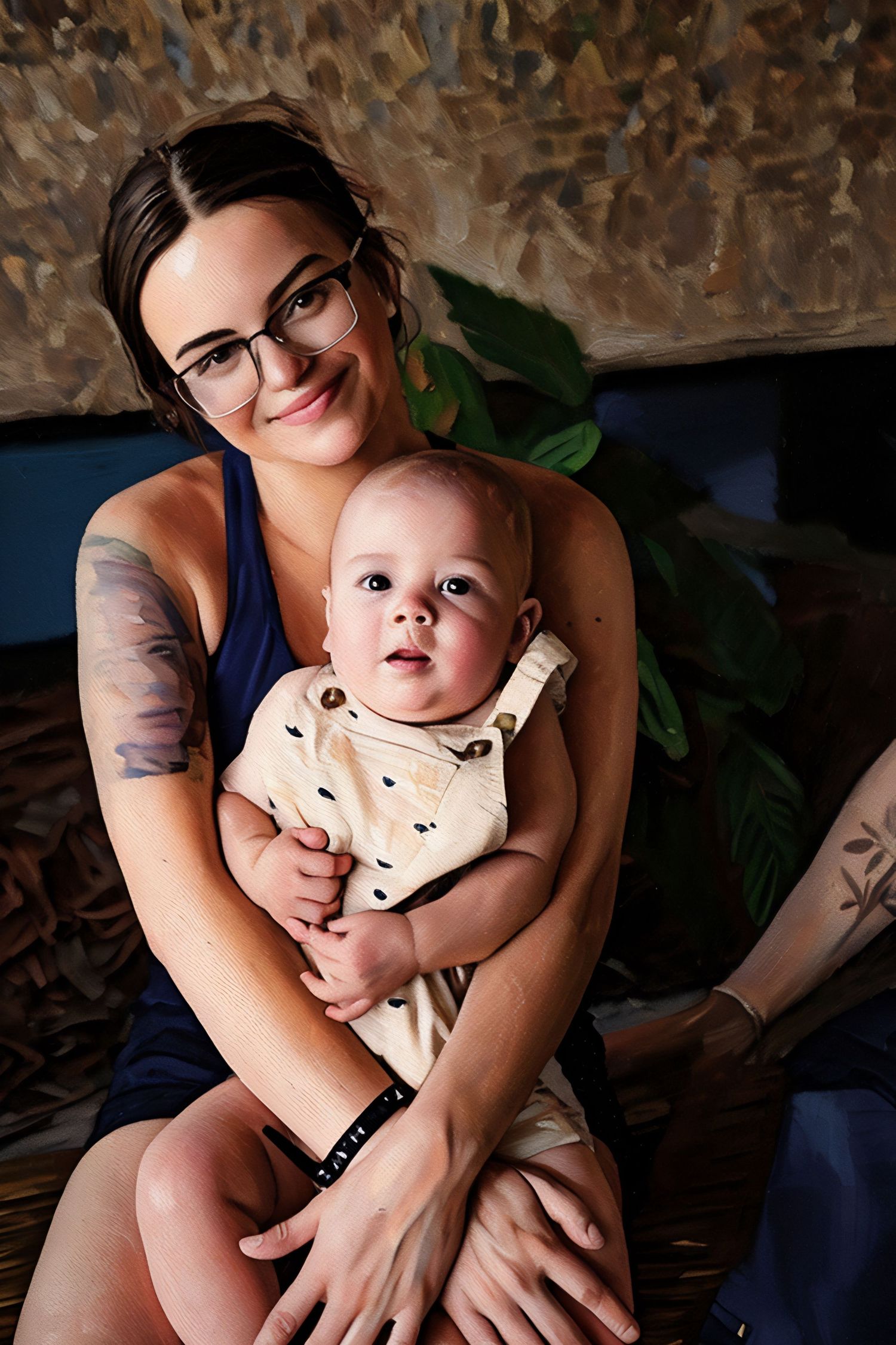 A series of candid moments showing a baby in a beige onesie being held and embraced in a dimly lit setting.