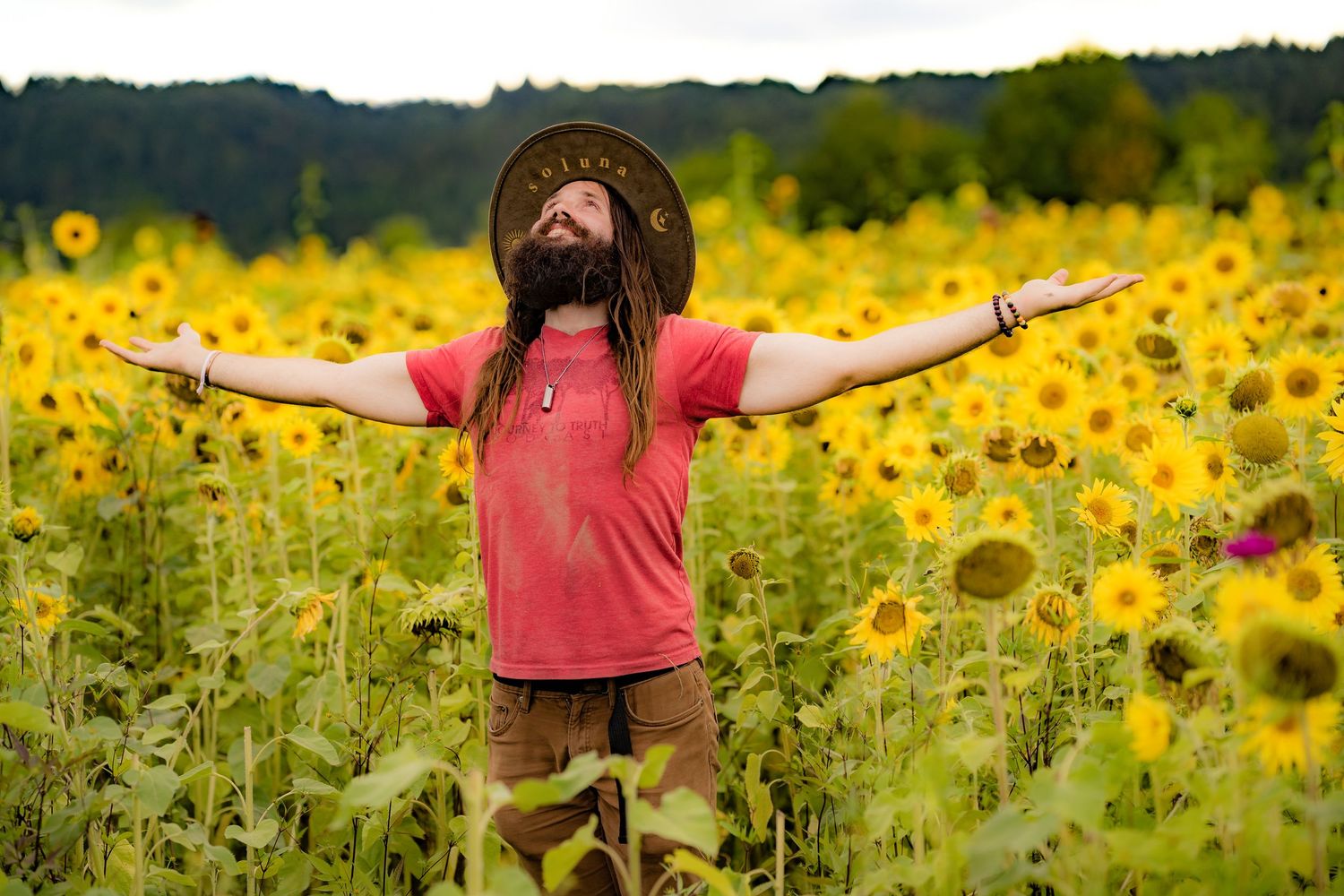 Bearded man in red shirt and hat stands with arms outstretched in a vibrant sunflower field.
