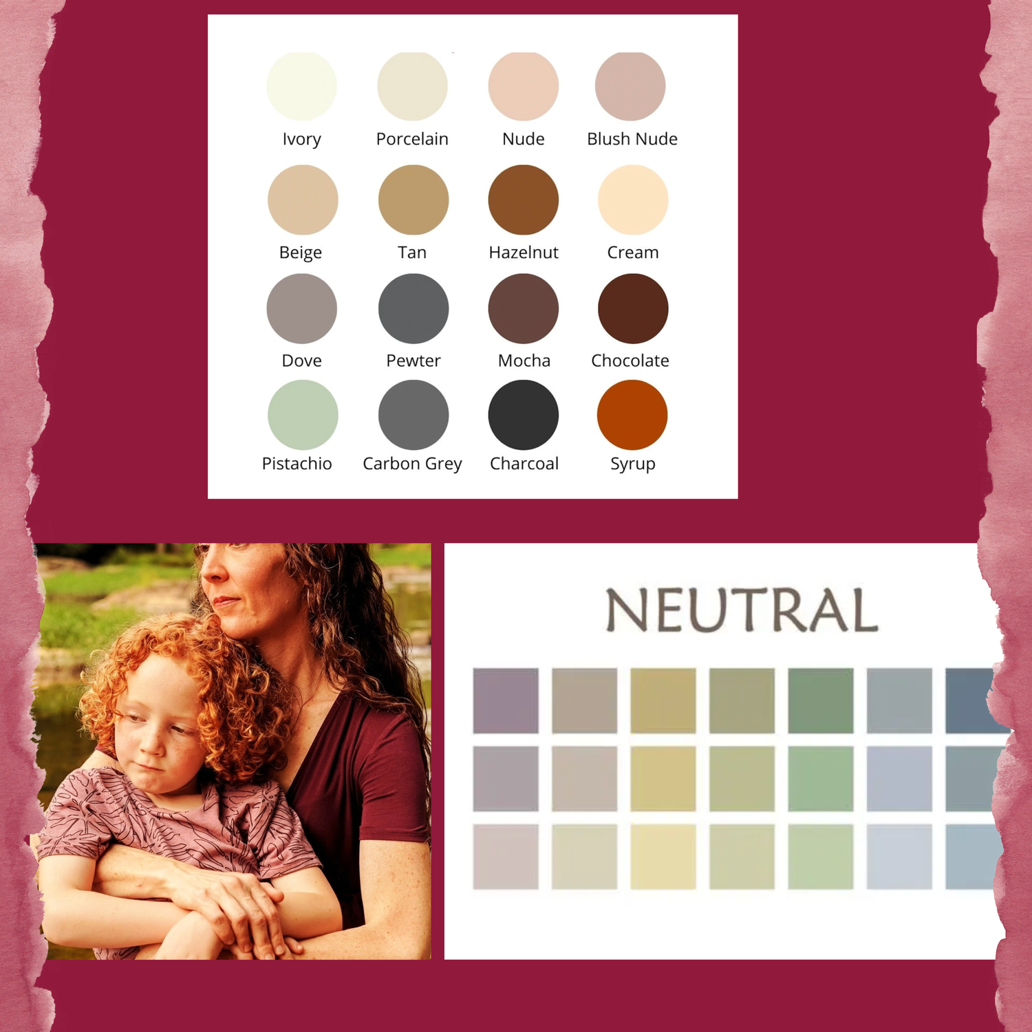 Color palette moodboard showing neutral earth tones, beige, brown and gray swatches arranged in rows.