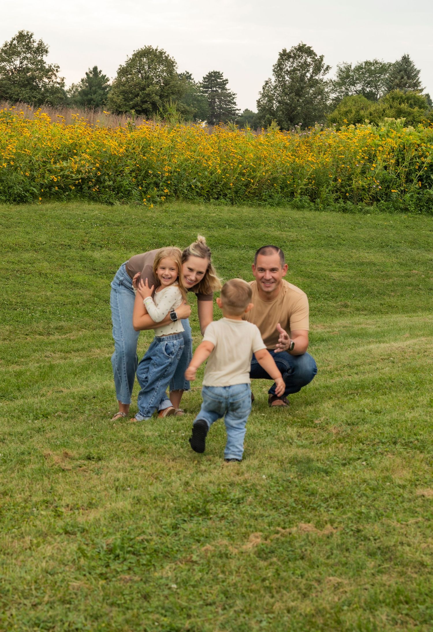 Family of four playing in a green field with yellow wildflowers, parents crouching as toddler runs toward them.