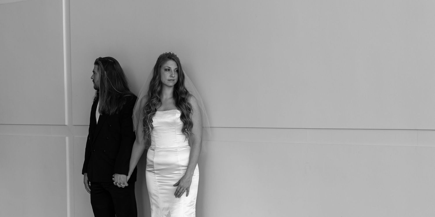 Black and white wedding photo series showing couples in formal attire posing in various romantic moments.