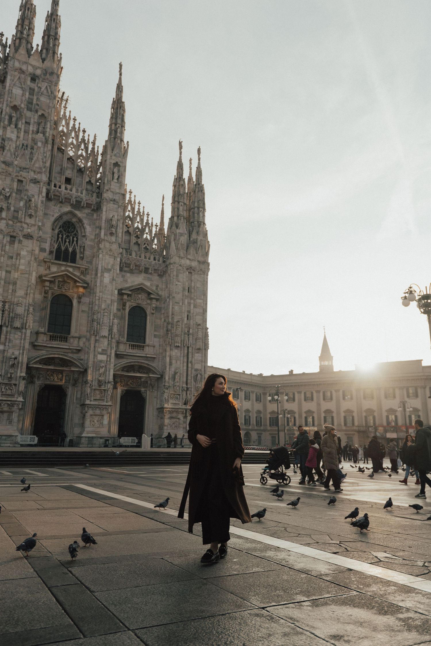Four sequential photos of Milan Cathedral's grand facade with pigeons and people in the sunlit piazza during sunset.