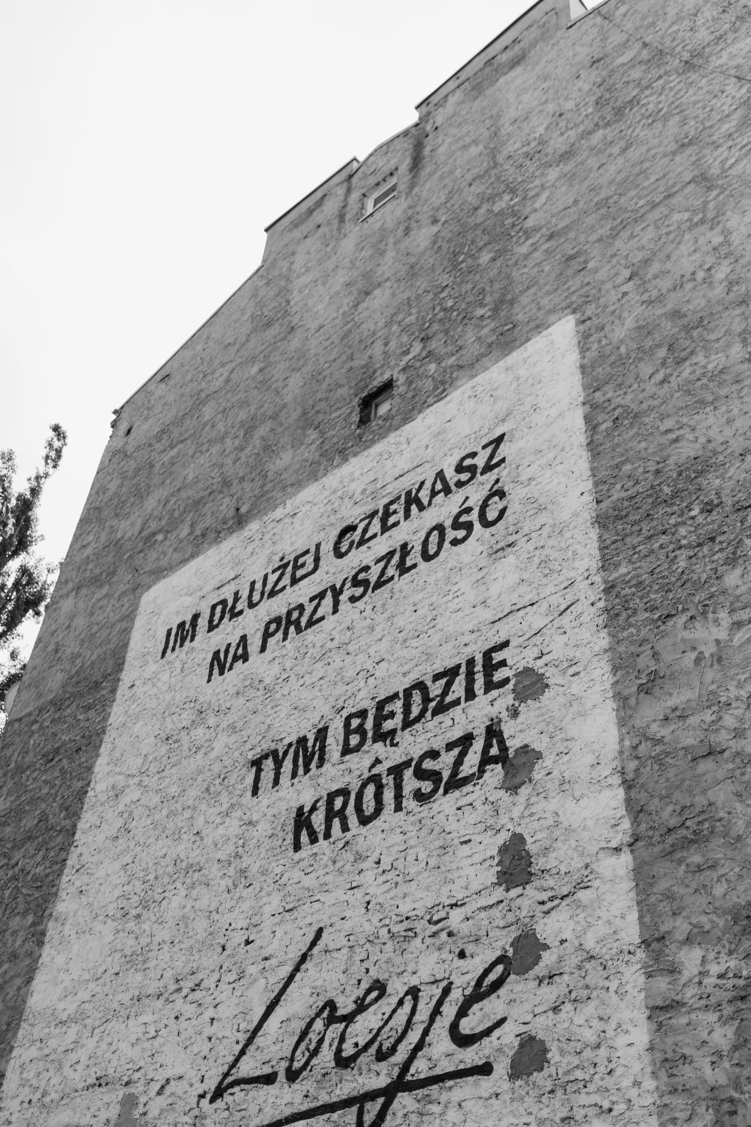 Black and white photograph of Polish graffiti text on a concrete wall with dark shadows and urban decay.