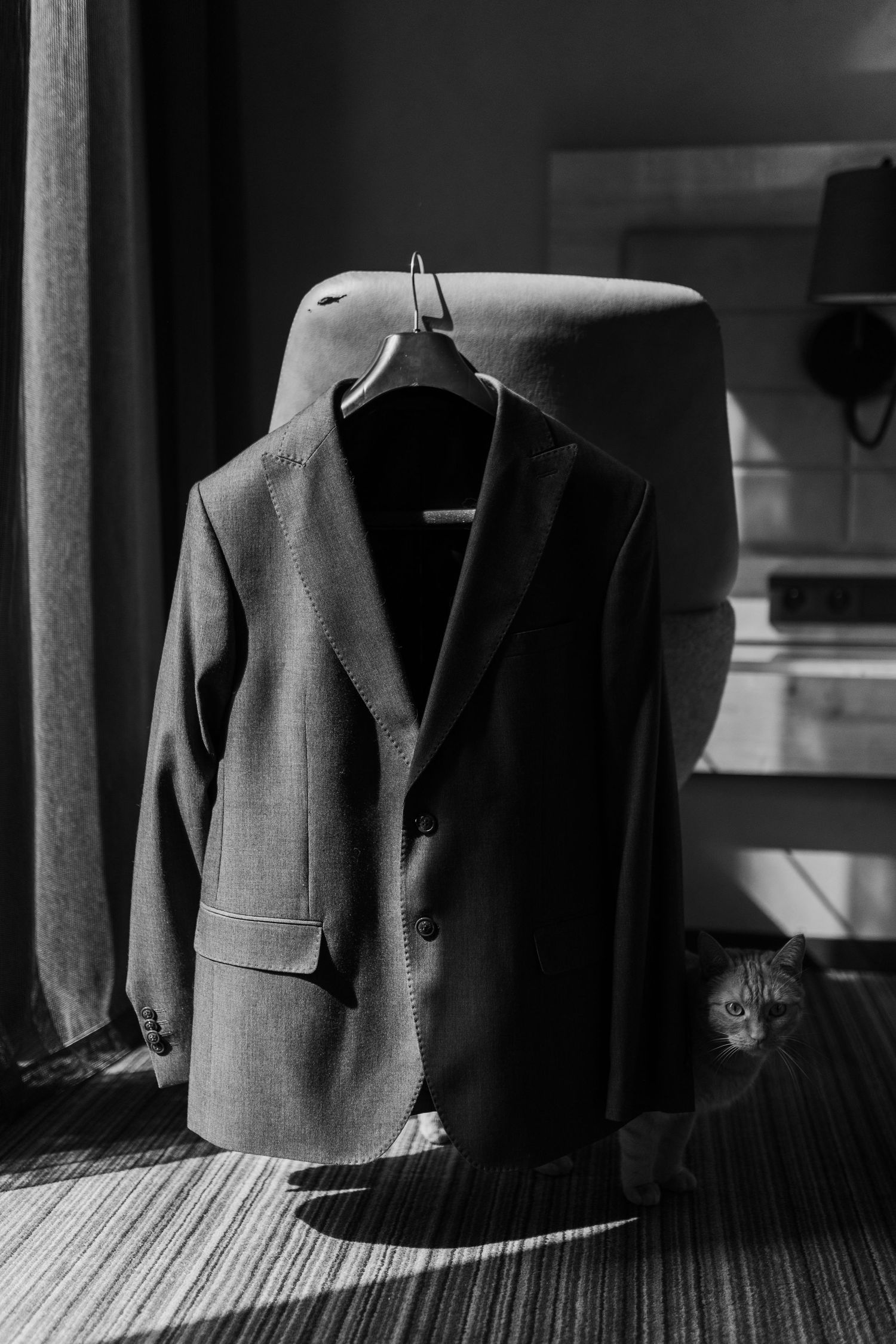 A gray suit jacket hangs on a wooden hanger with a cat peeking from behind in black and white photography.