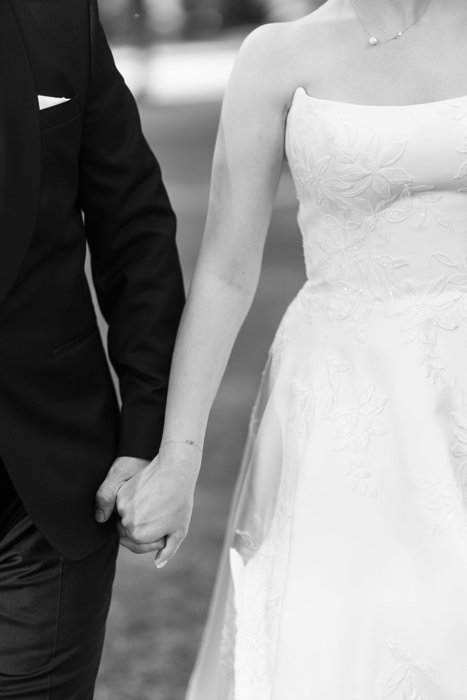 A series of black and white wedding photos showing couples holding hands in formal attire with brides in white dresses.