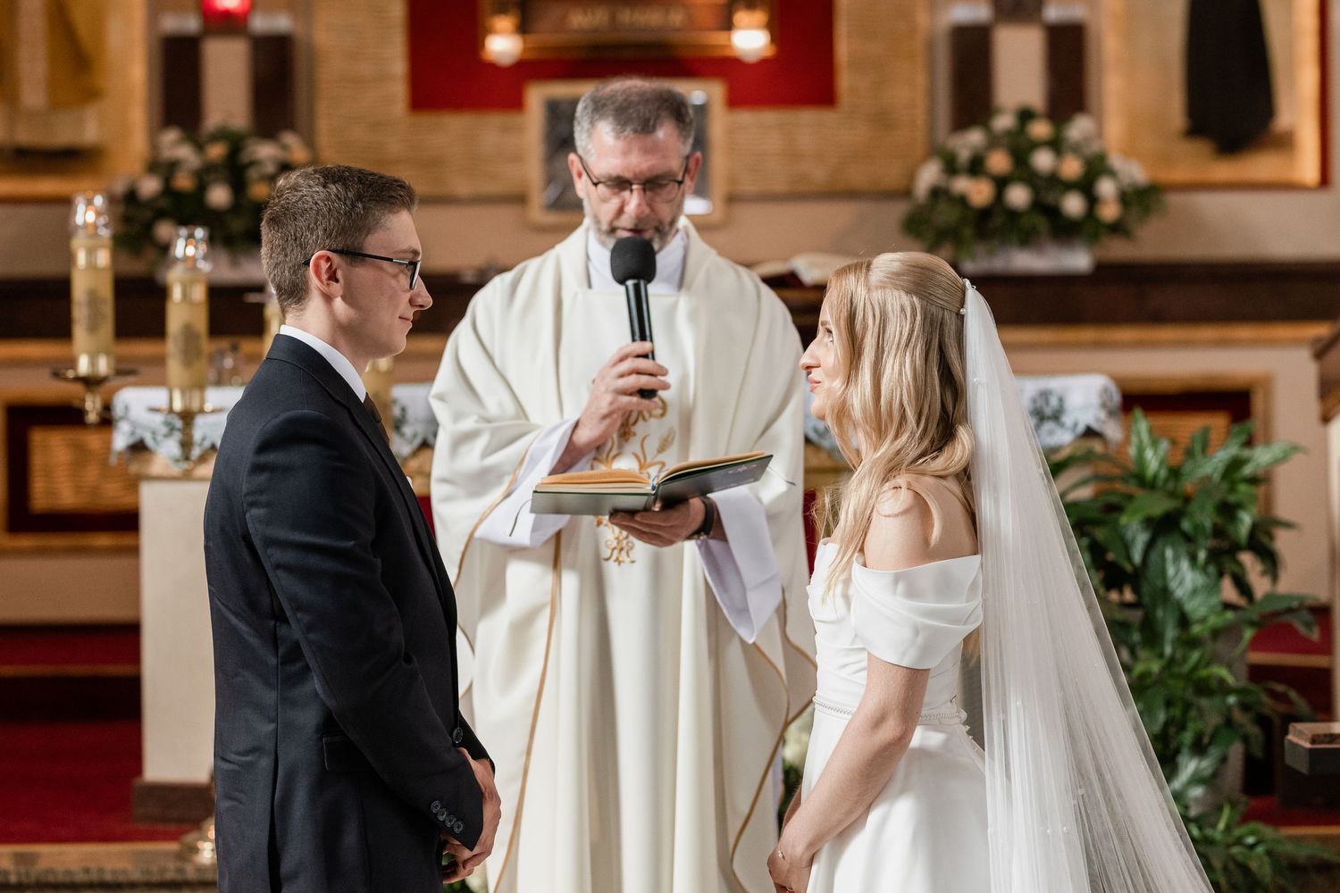 A wedding ceremony collage showing multiple moments from a traditional church service with the couple at the altar.
