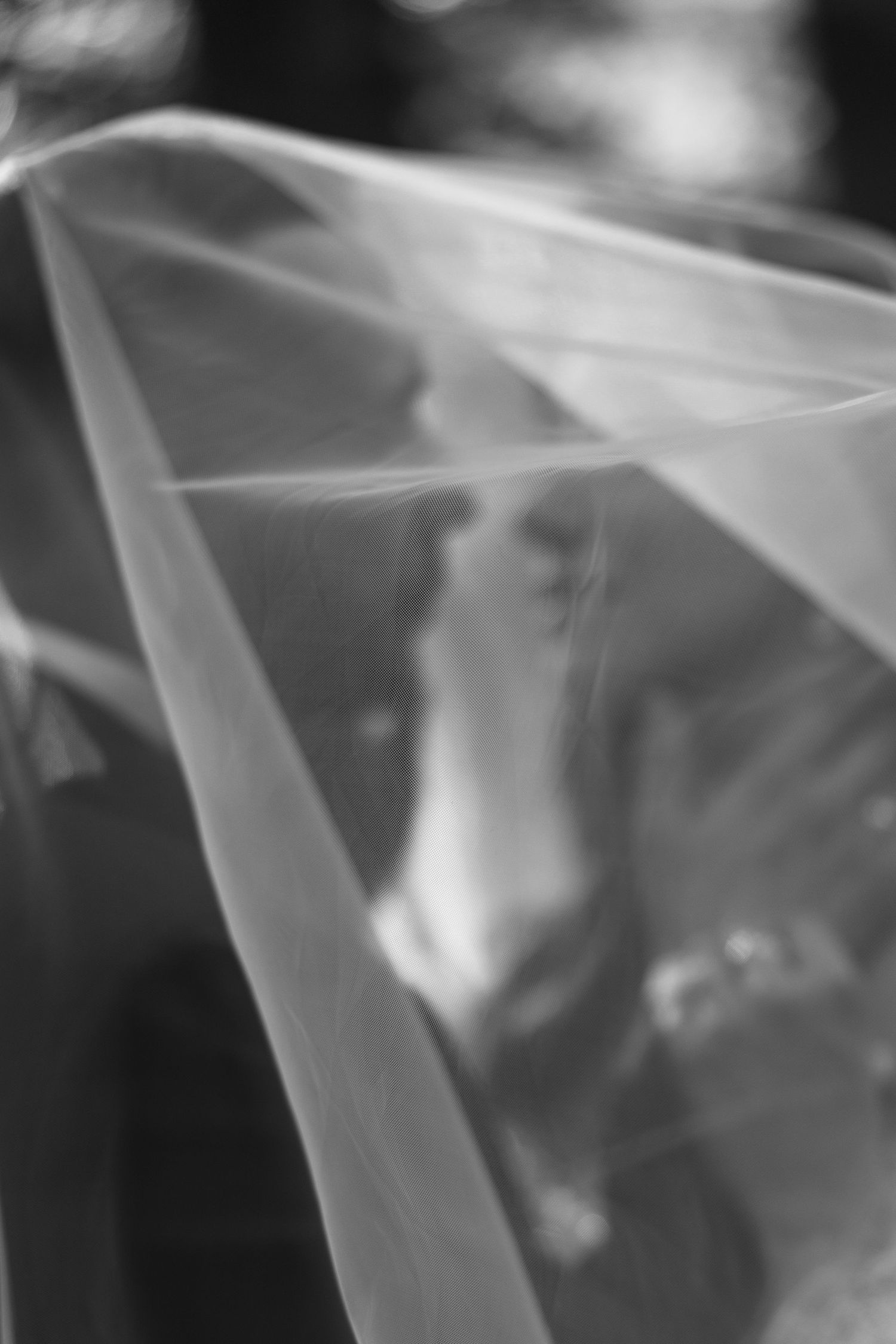 Black and white photo of a bride and groom seen through a flowing wedding veil, creating a dreamy romantic effect.