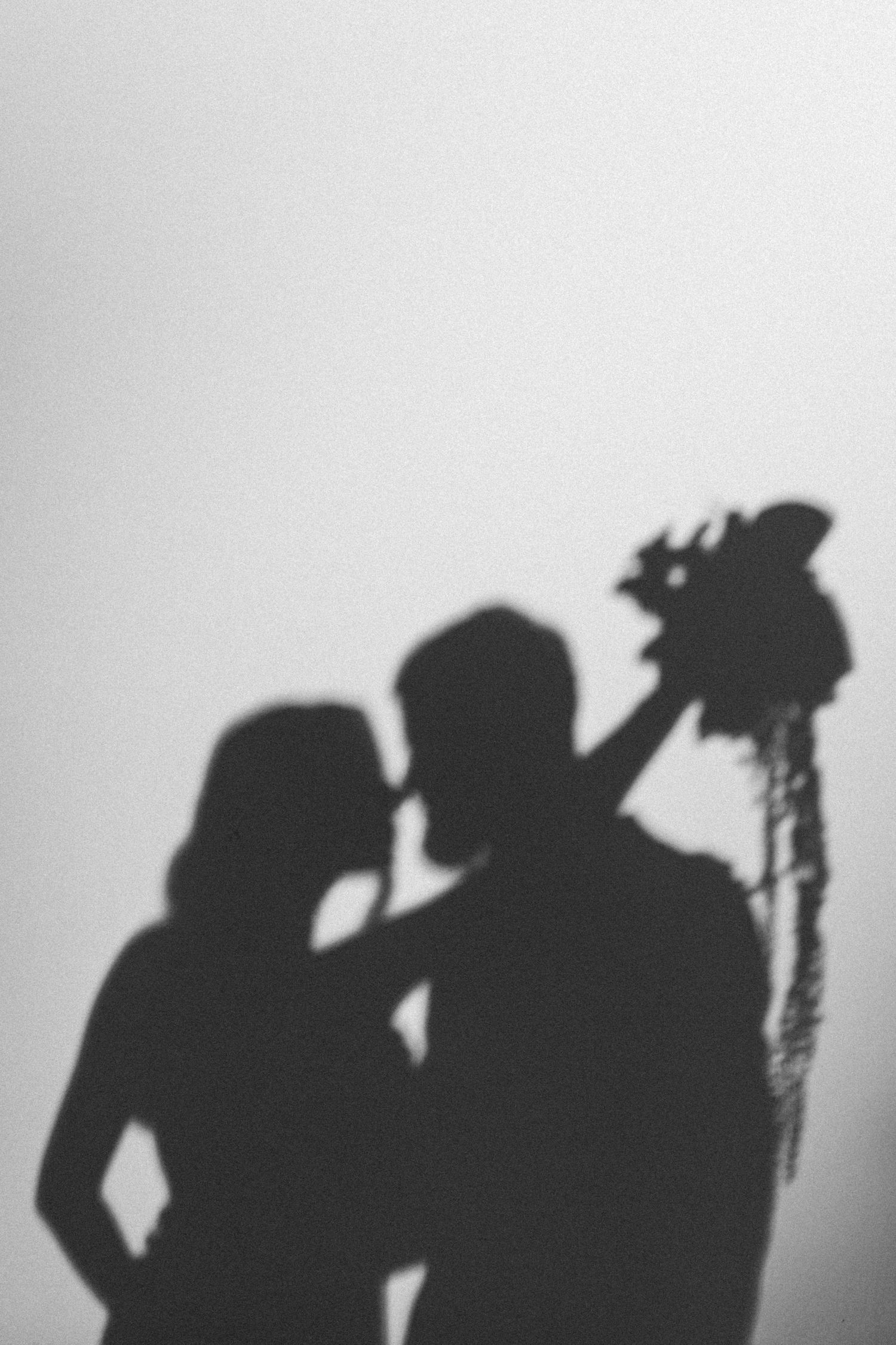 Black and white silhouette of two embracing figures and dried flowers against light background.