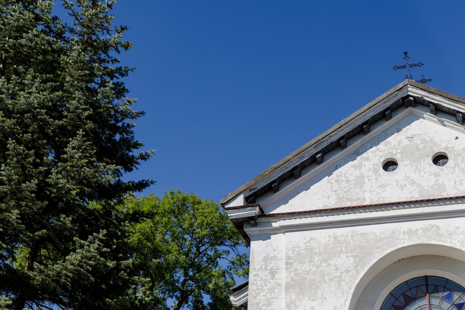 White church steeple with weather vane rises against bright blue sky with green tree foliage in foreground.