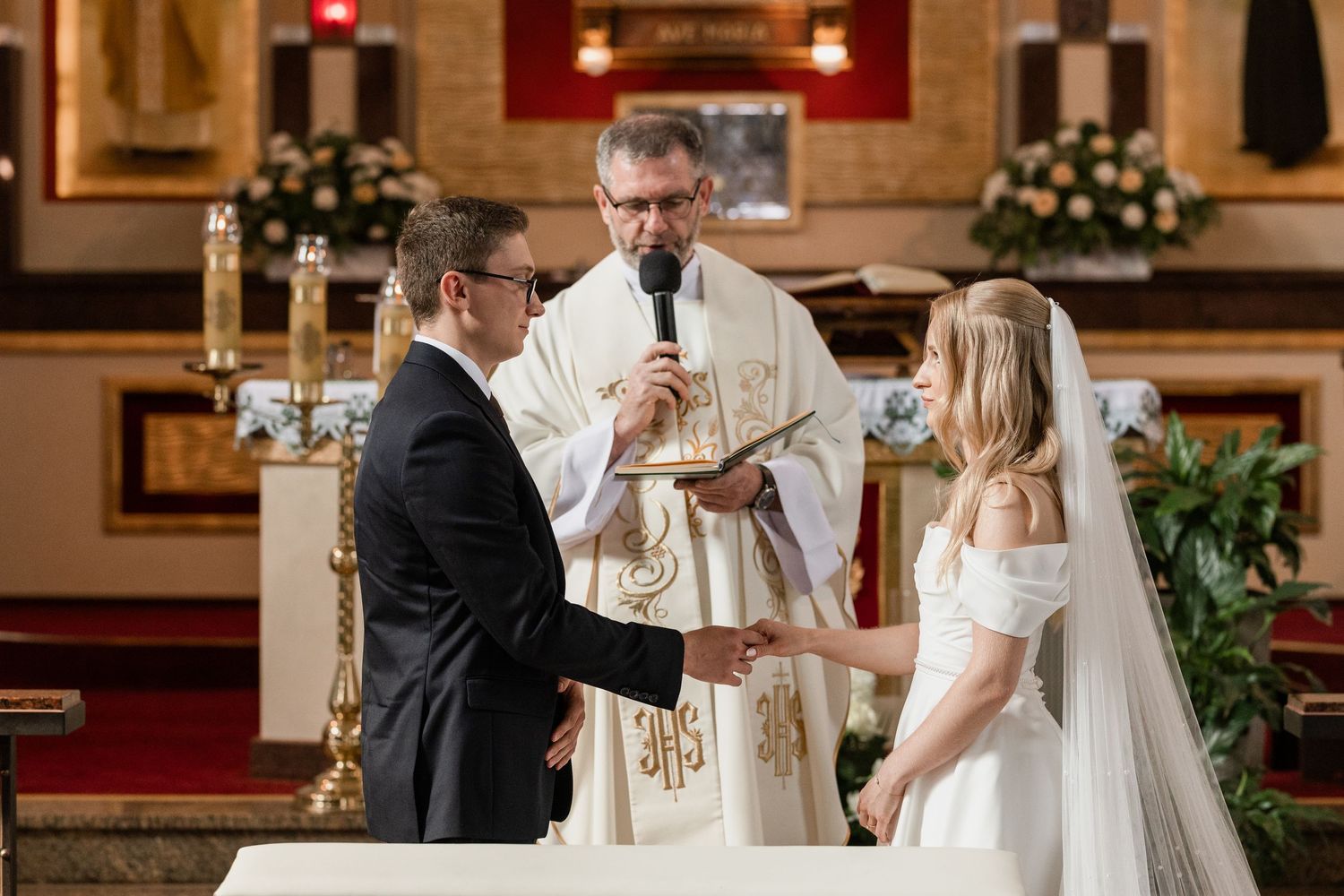 A wedding ceremony montage showing four candid moments during a traditional church service.