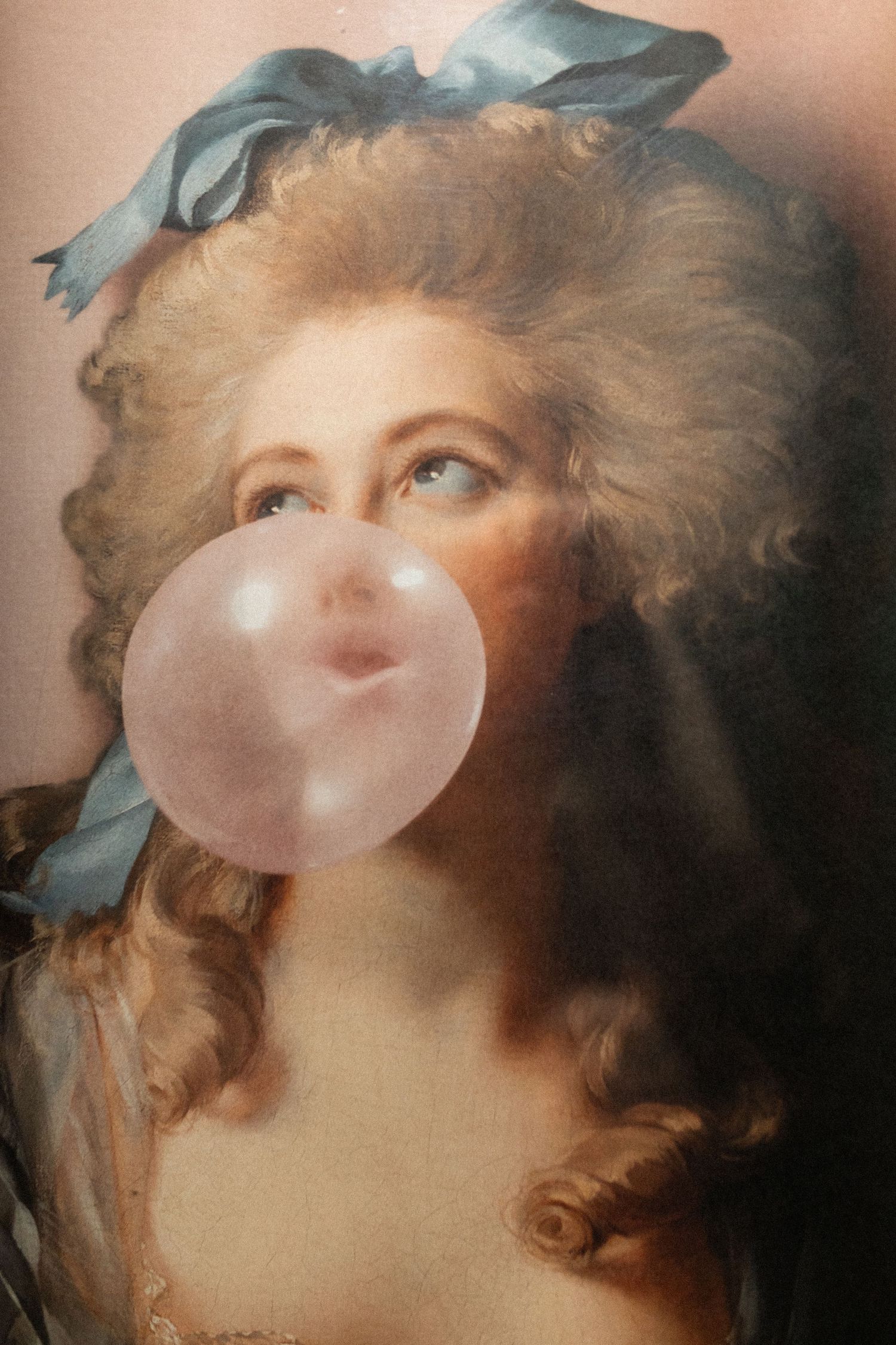 A classical portrait painting reimagined with a playful bubblegum bubble blowing effect against a soft peachy background.