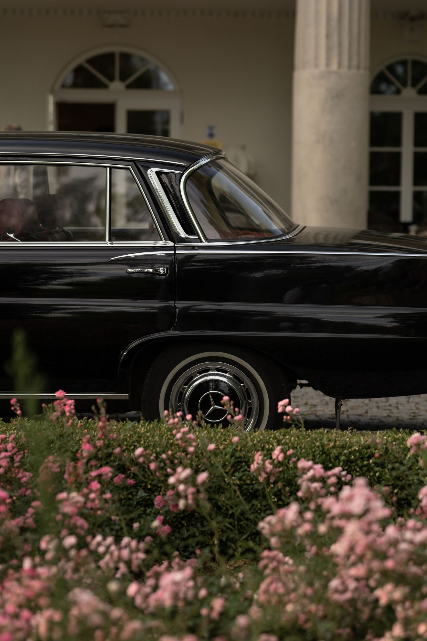 A classic black Mercedes-Benz sedan parked in front of an elegant building, surrounded by blooming pink flowers.