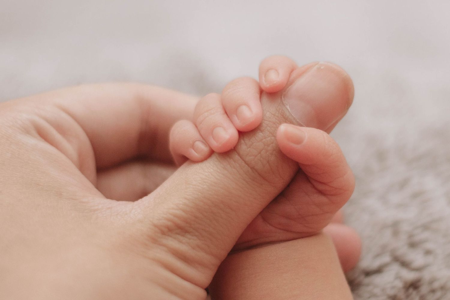 close up shot of a newborn holding mothers hand