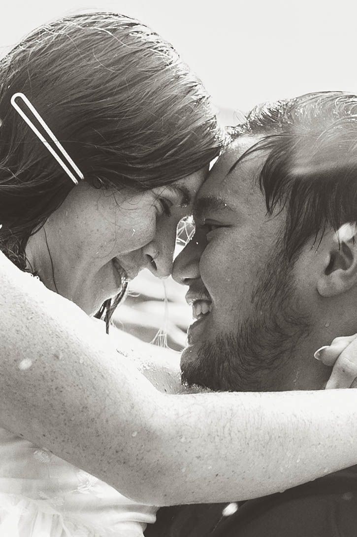 romantic rain wedding love up close nose to nose black and white