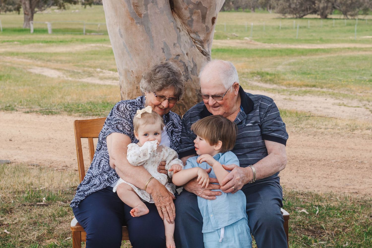 Family members share a tender moment while sitting on a wooden chair under a gum tree.