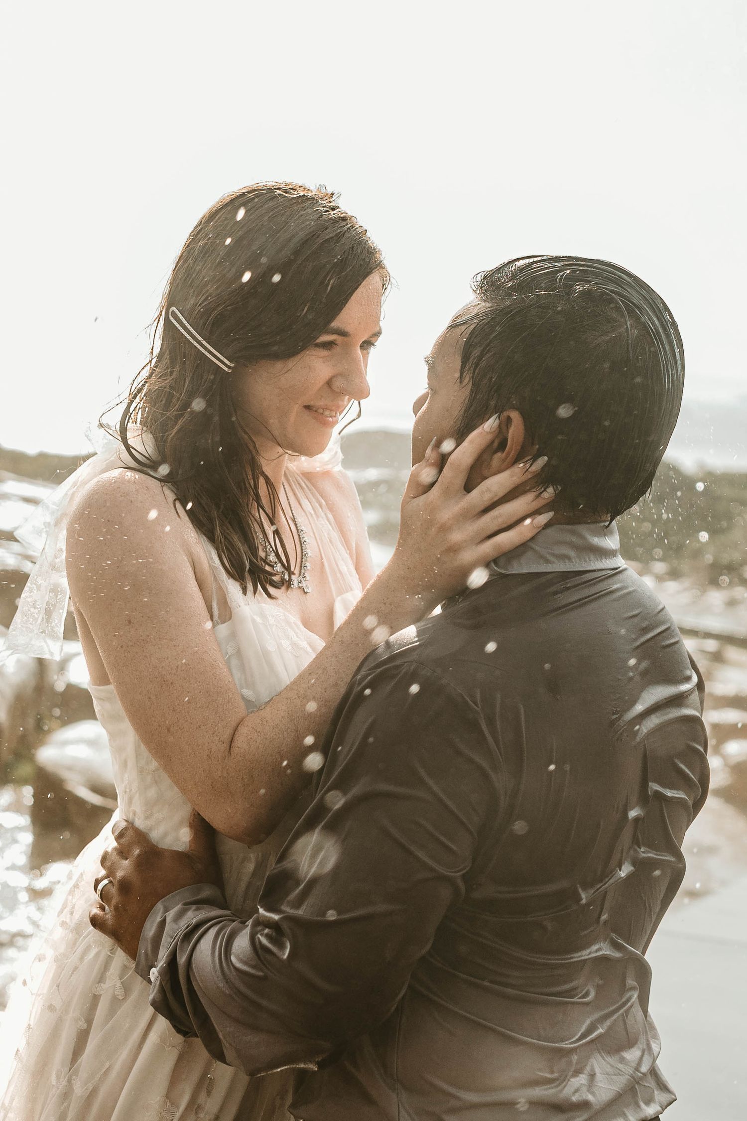 romantic rain wedding kiss love