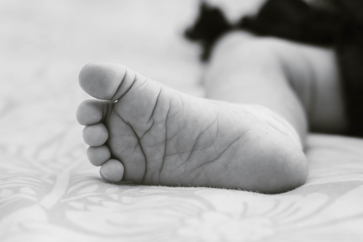 Close-up black and white photograph of a tiny baby foot against white bedding.