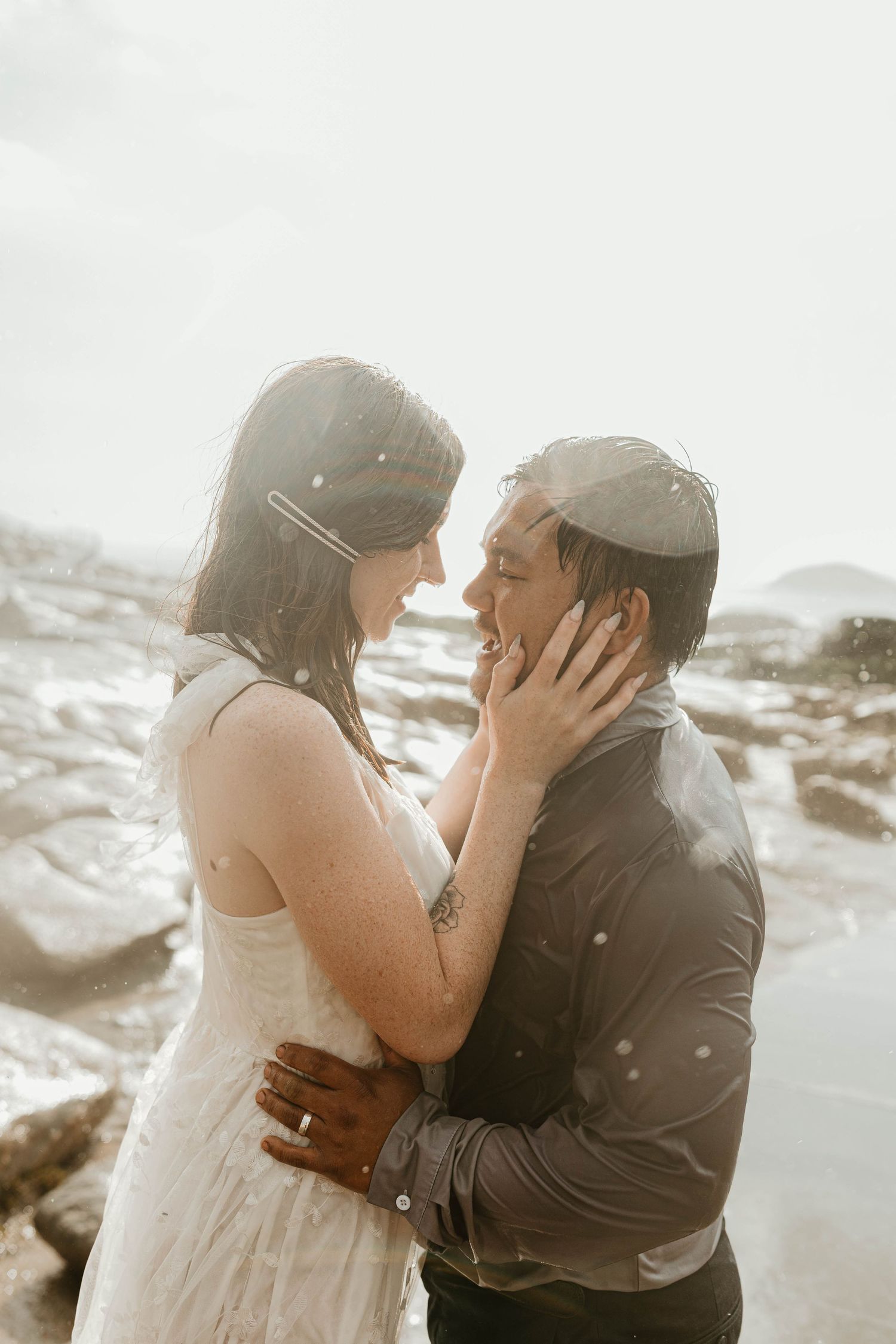 romantic rain wedding kiss love