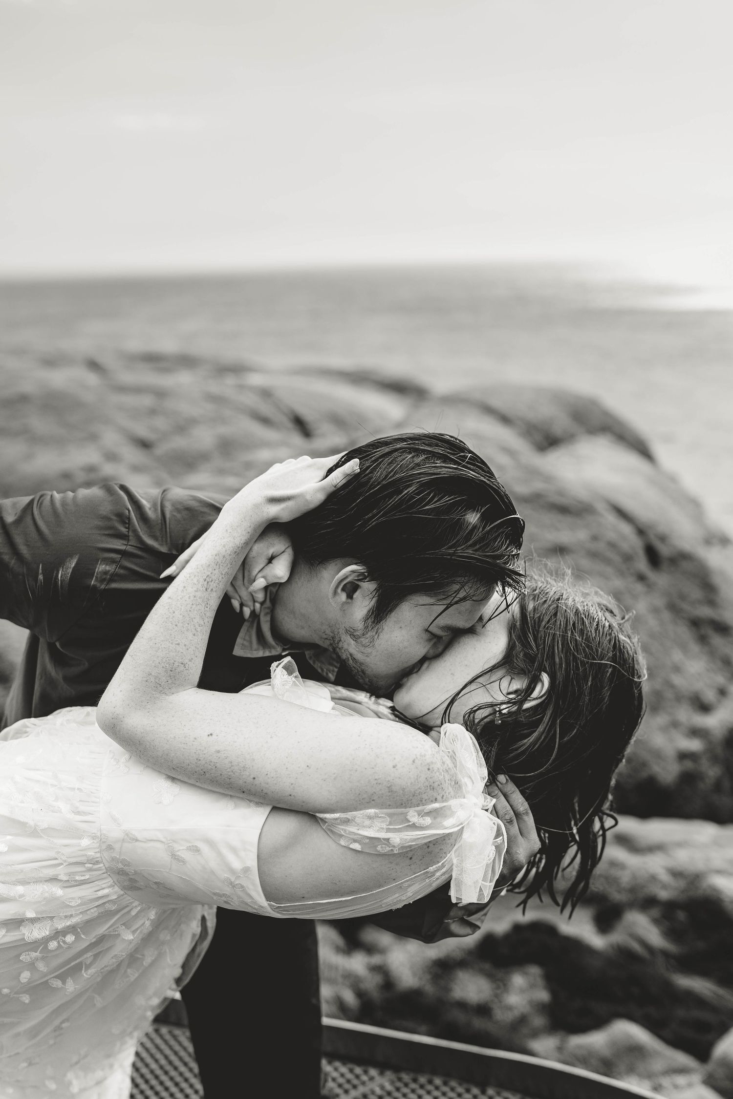 romantic rain kiss wedding black and white