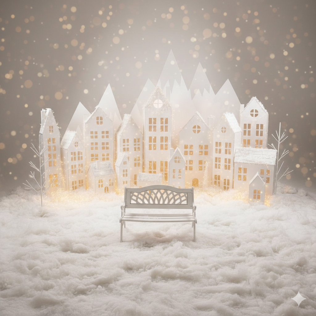 Illuminated white paper houses create a magical winter village scene with glowing windows against a snowy backdrop.