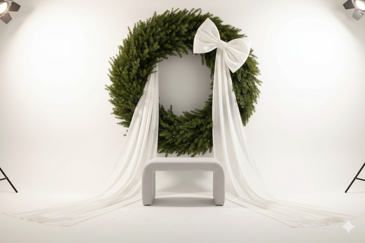 A green boxwood wreath with white satin bow displayed against a white background.