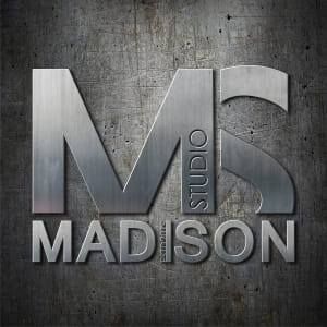 A metallic 3D logo design for Madison Studio on a textured concrete background.