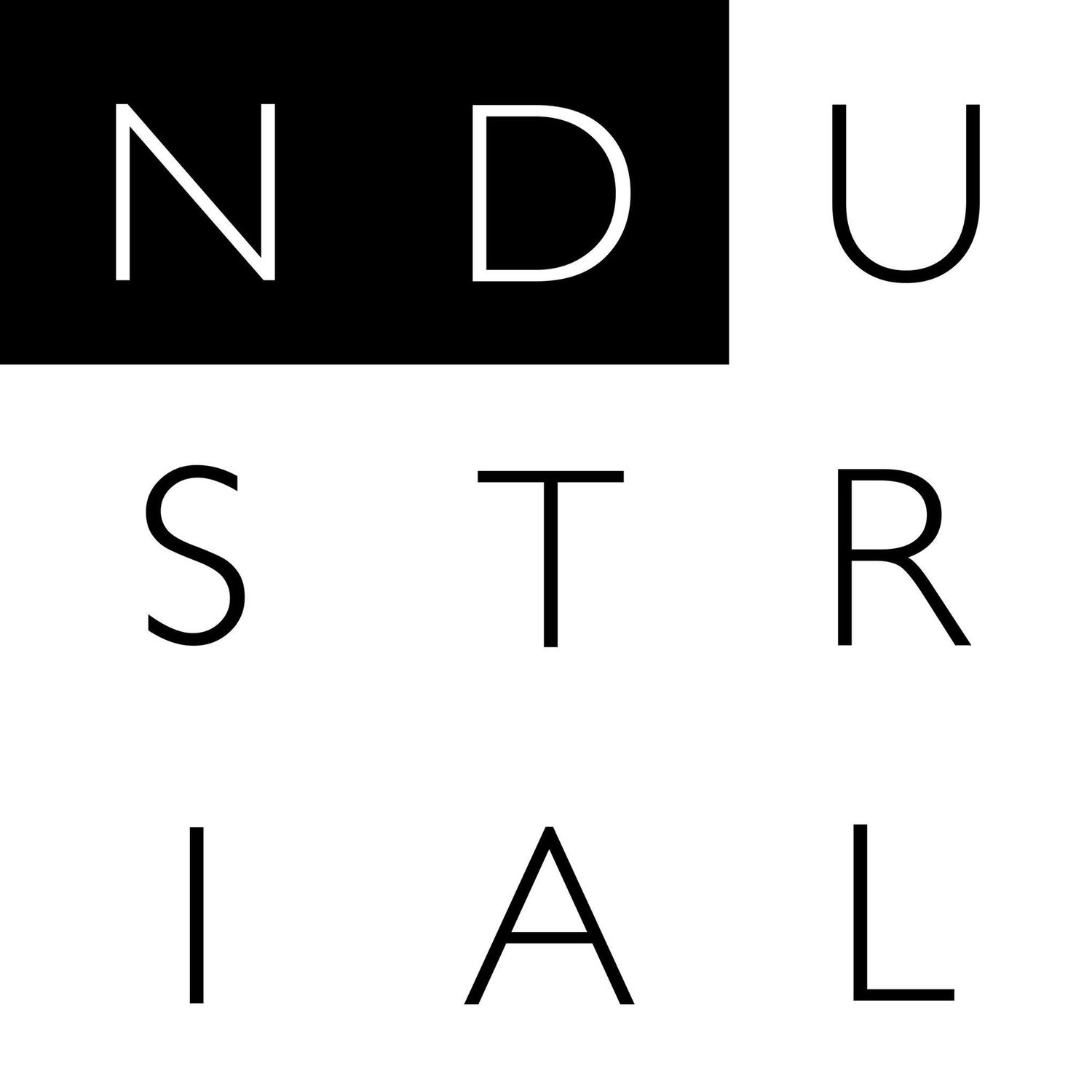 Black and white minimalist typography design spelling out INDUSTRIAL in a modern layout.