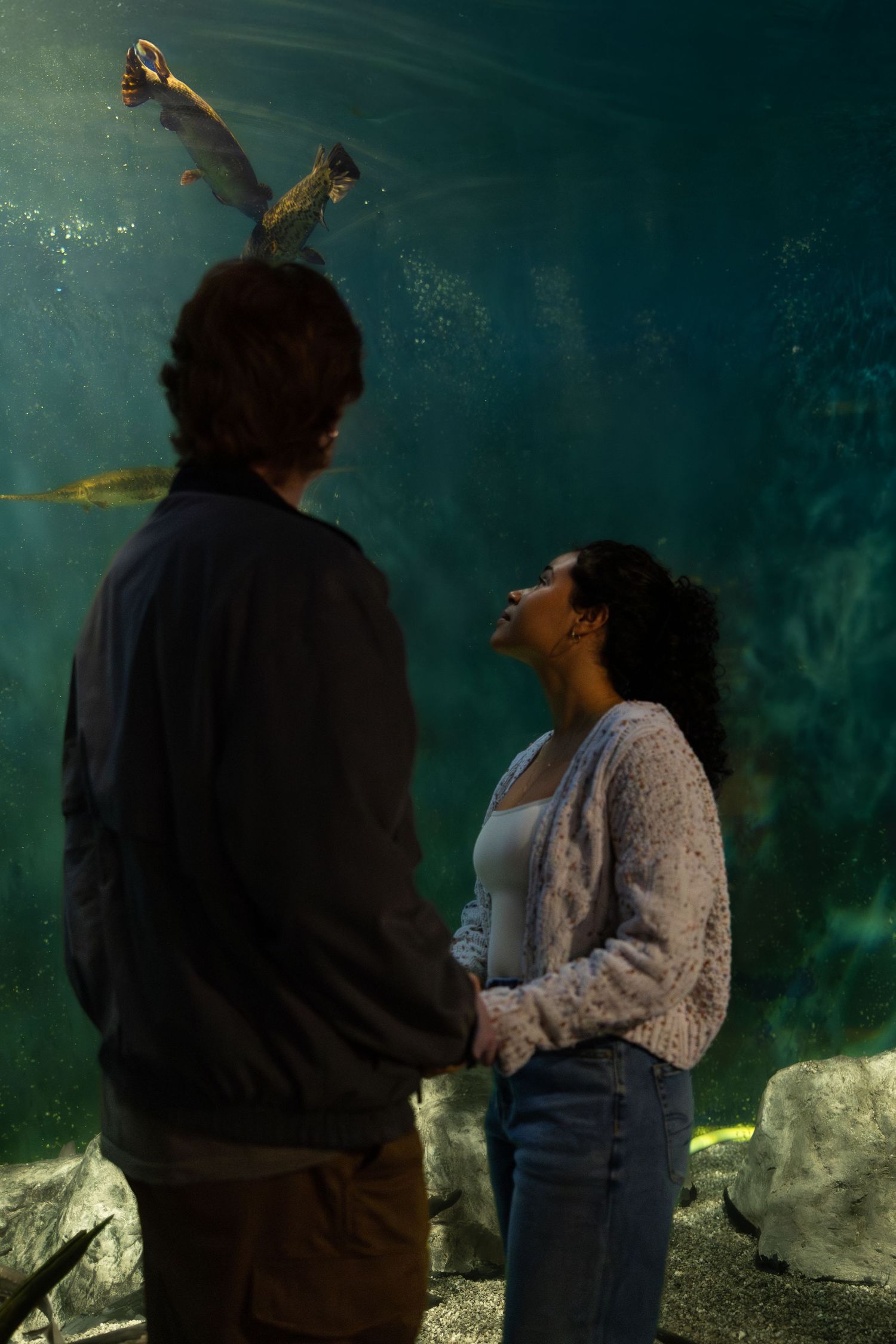 Two people having a conversation while standing in front of a large aquarium tank with a dark blue-green background.