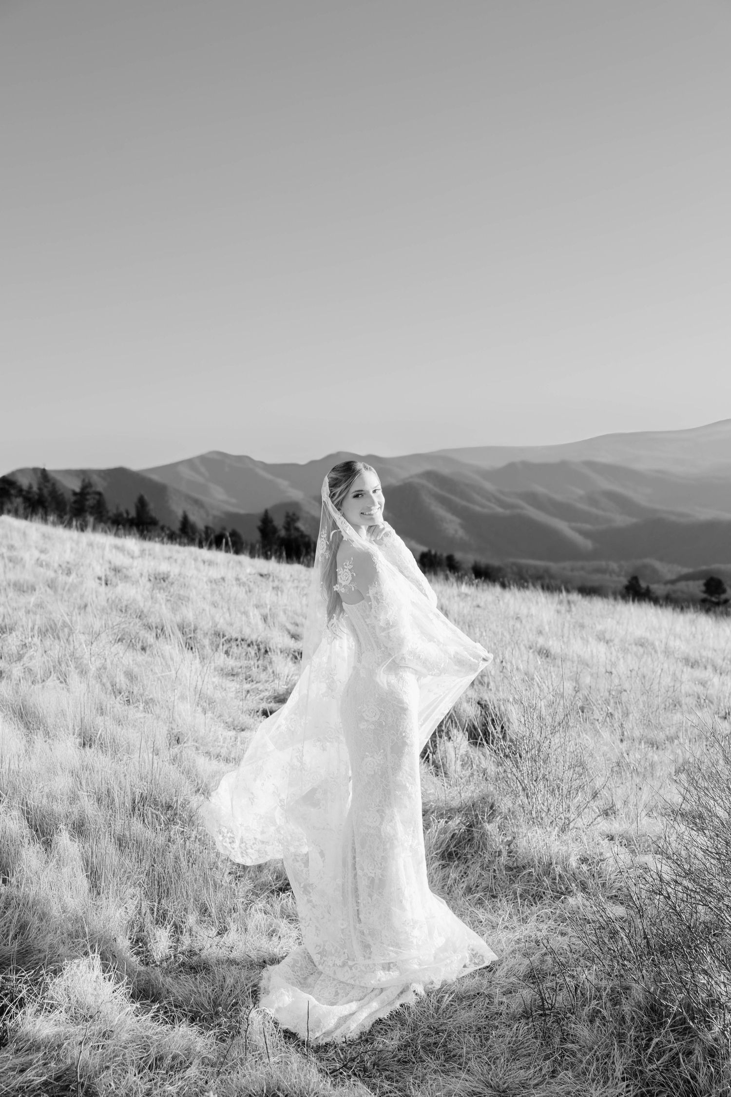 A flowing white wedding dress billows in the wind against a scenic mountain landscape with tall grasses.