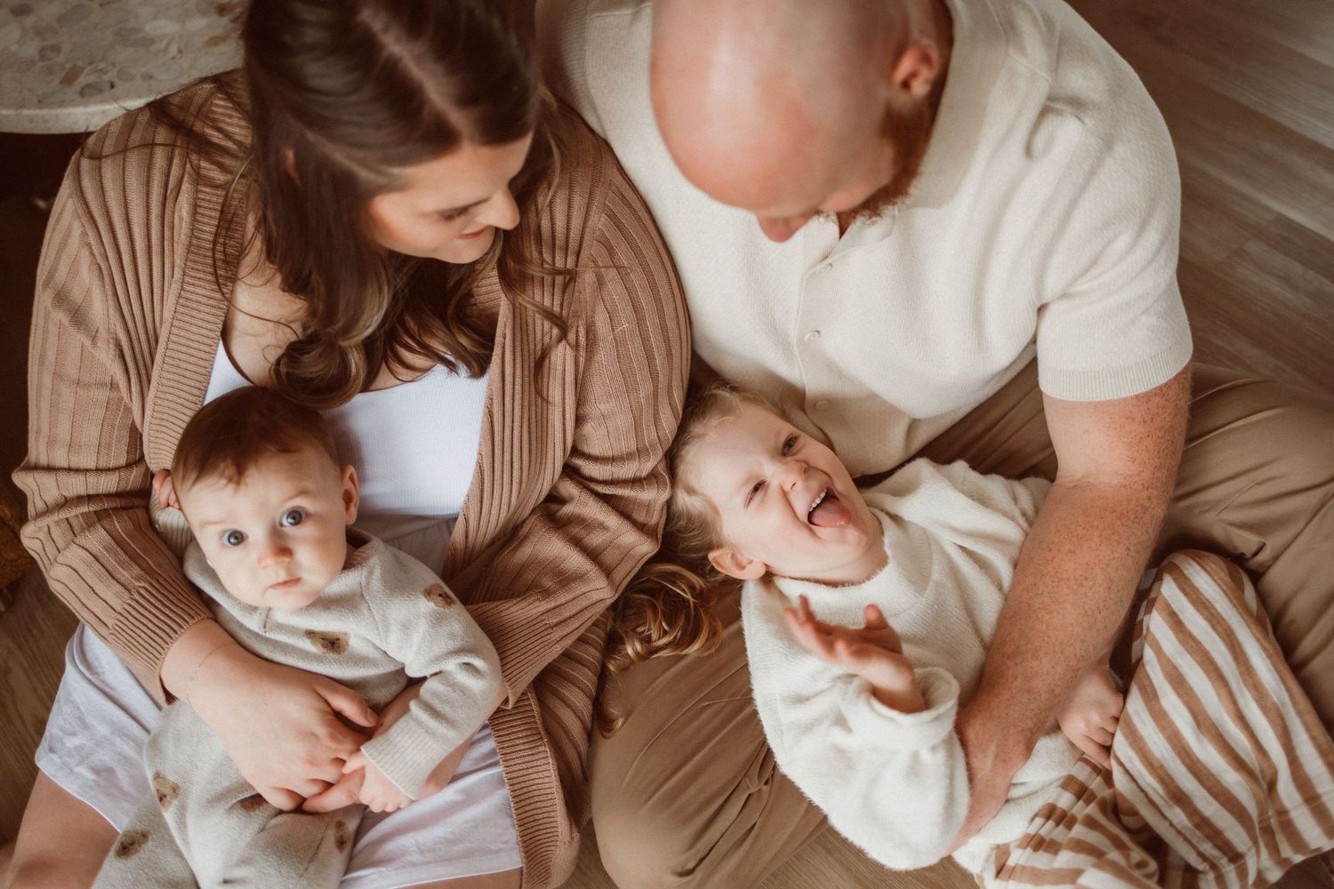 Series of casual family portraits showing affectionate interactions.