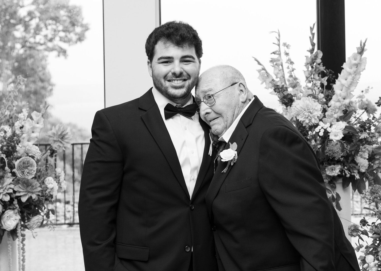 Black and white wedding party collage of happy moments and candid interactions.