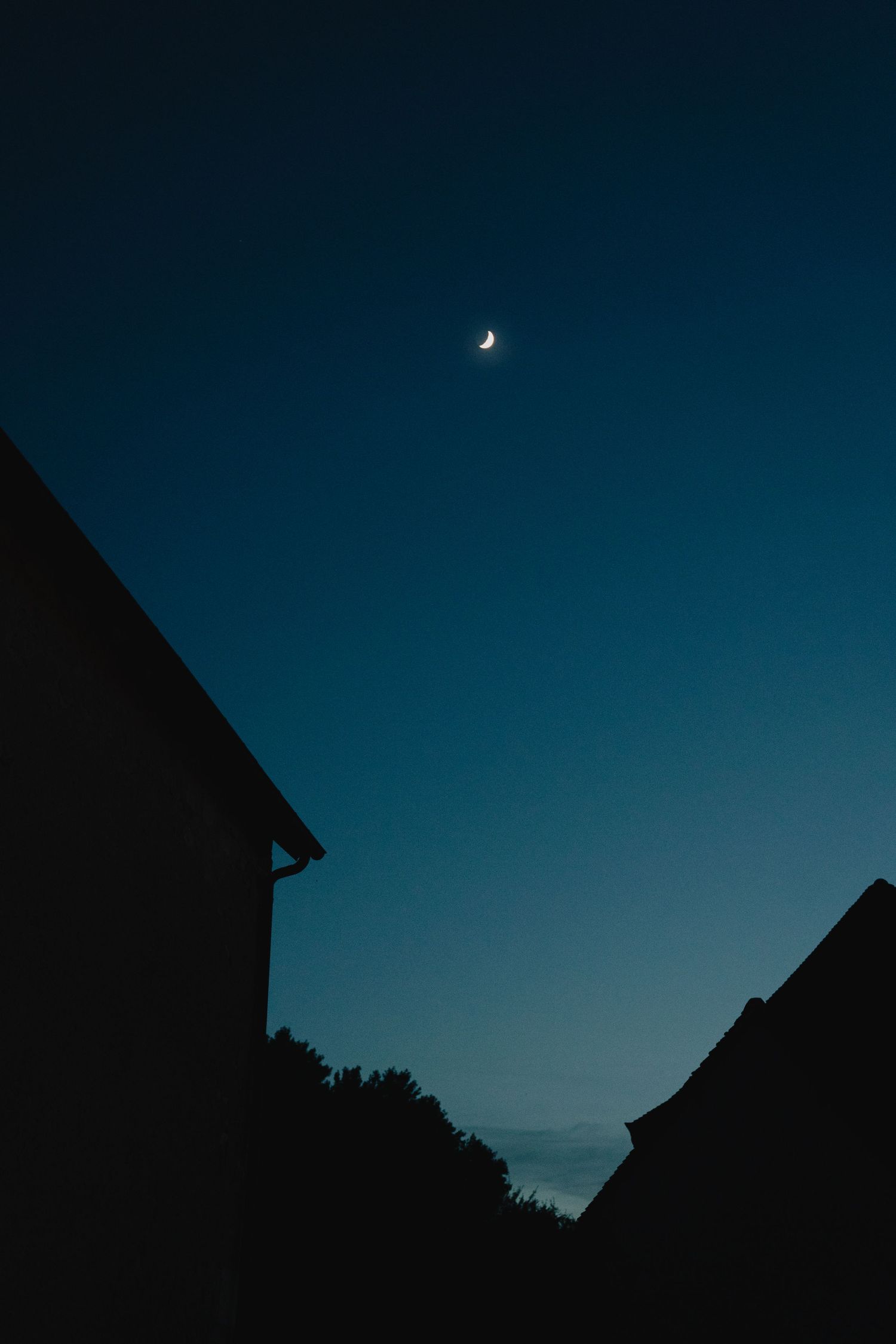 Silhouette of rooftops against a dark blue twilight sky with a crescent moon visible.