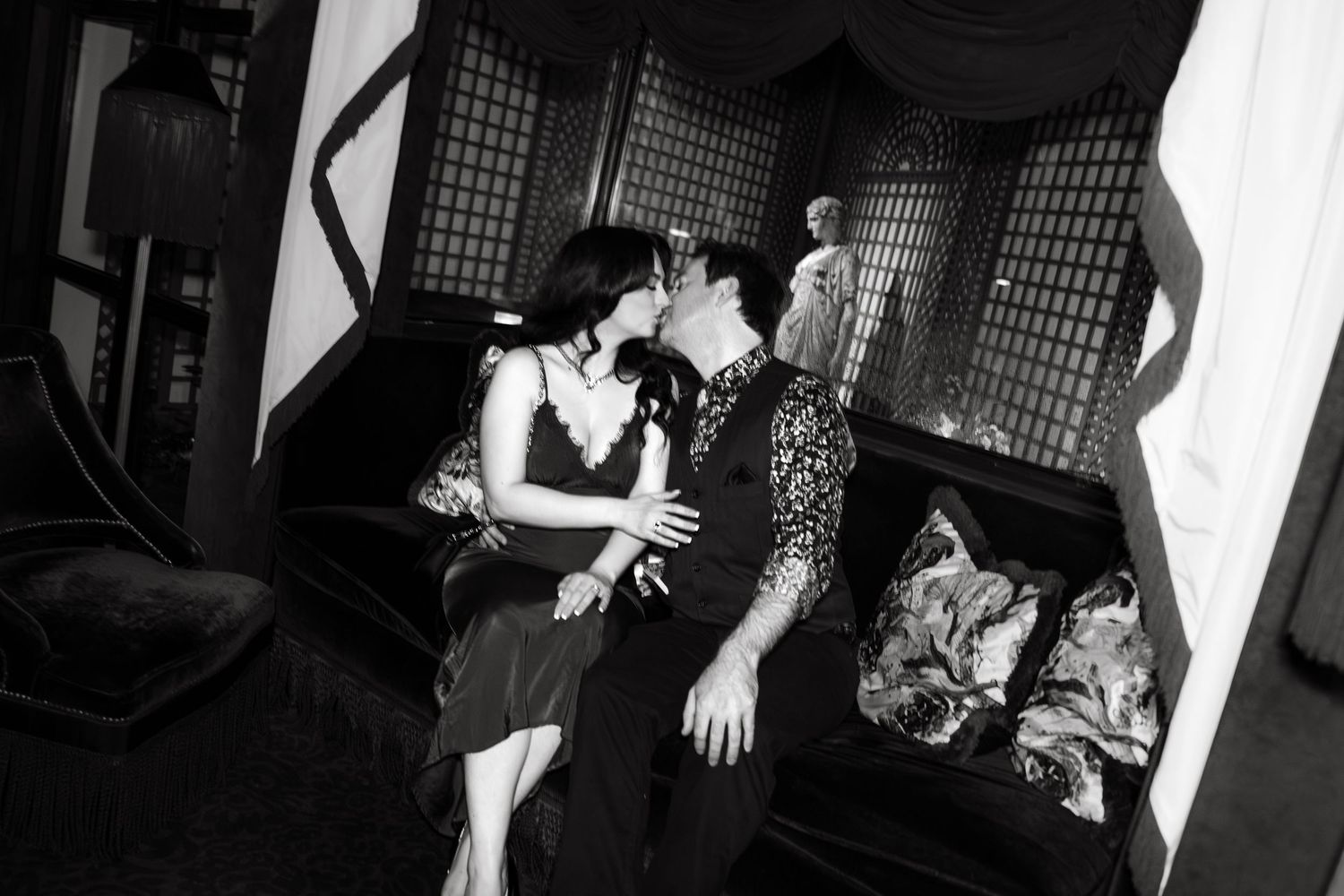 Black and white photo series showing people dancing and interacting at what appears to be a social gathering or party.